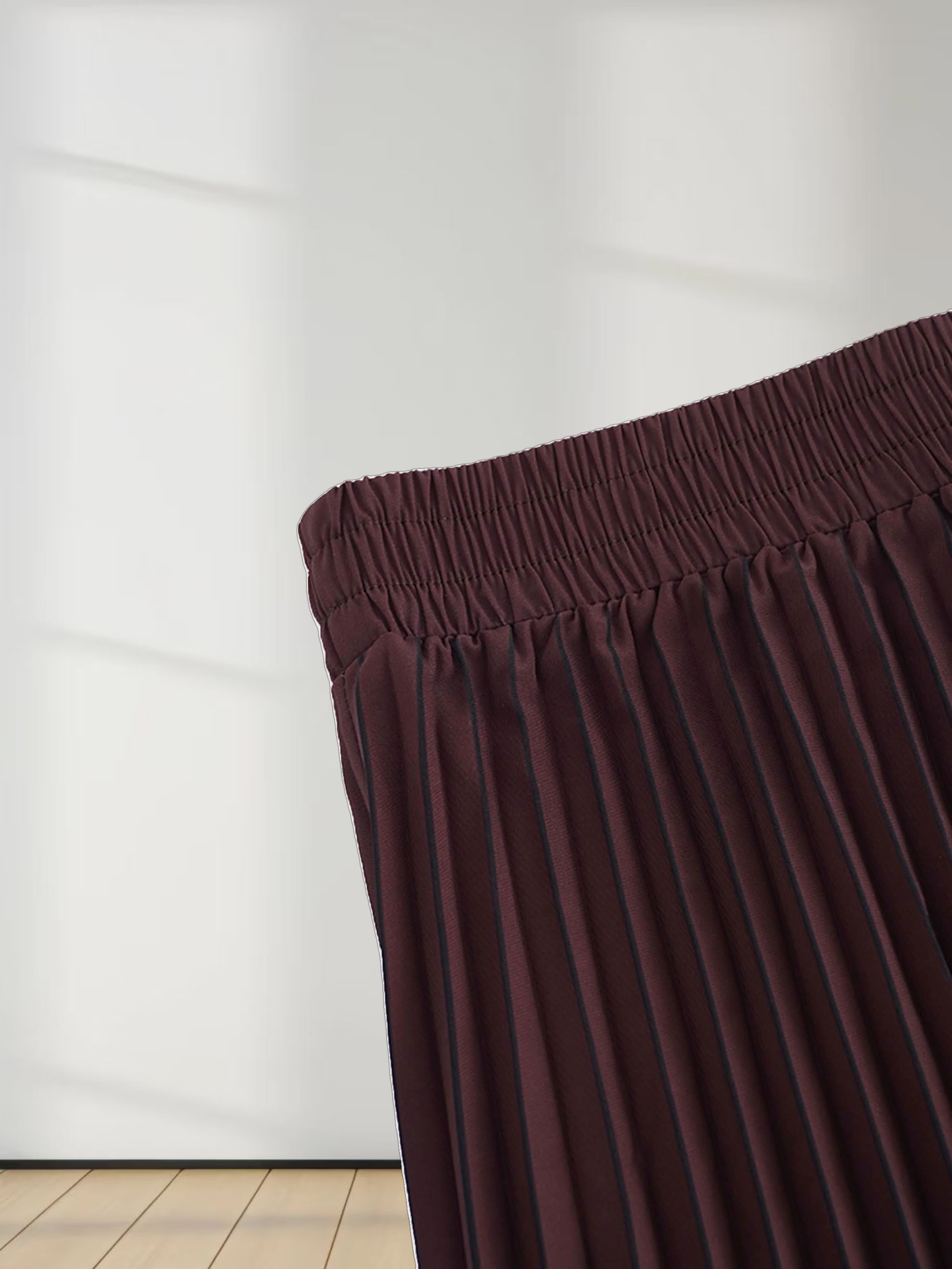 Elastic Waist Printed Pleated Skirt-Brown Chevron Border
