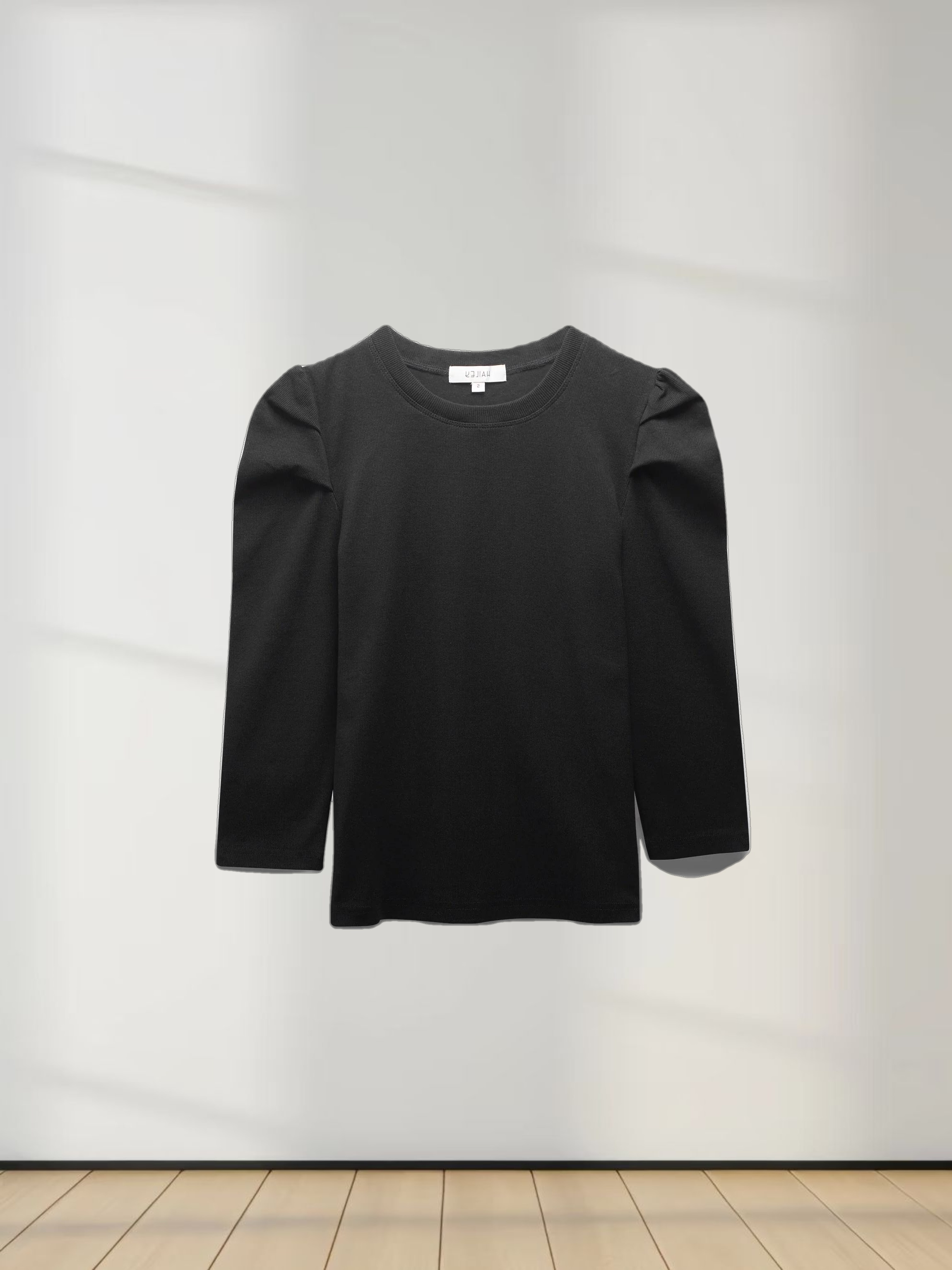 Ribbed Crew Neck Puff Sleeve Top-Black