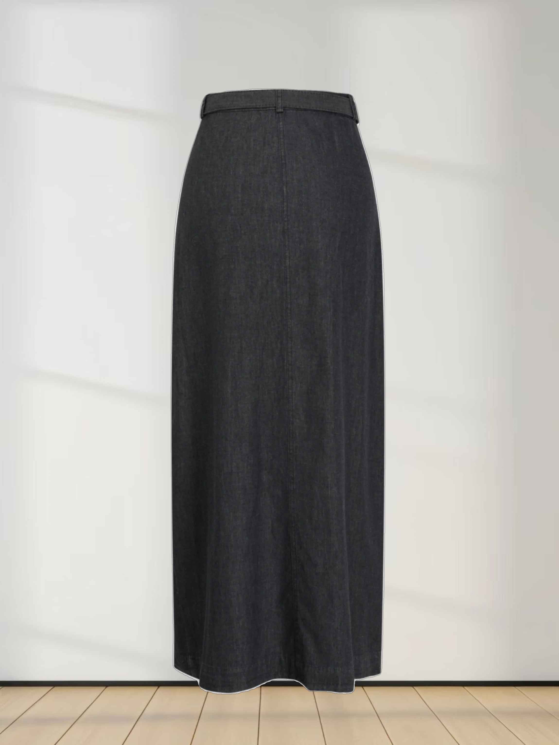 Side Inverted Pleat Denim Skirt-Black