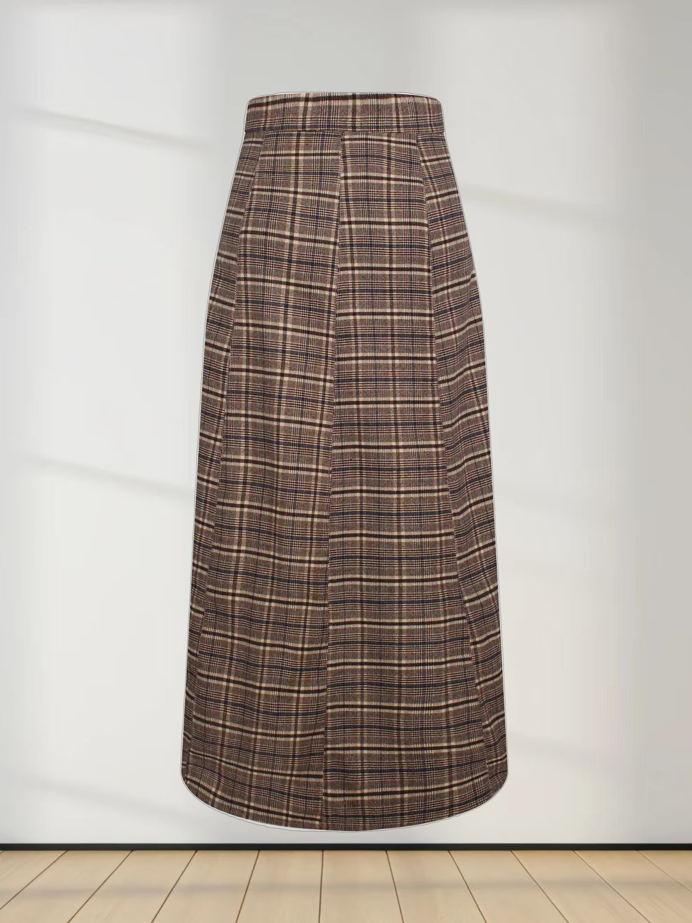 Button Front A-Line Skirt-Brown Plaid