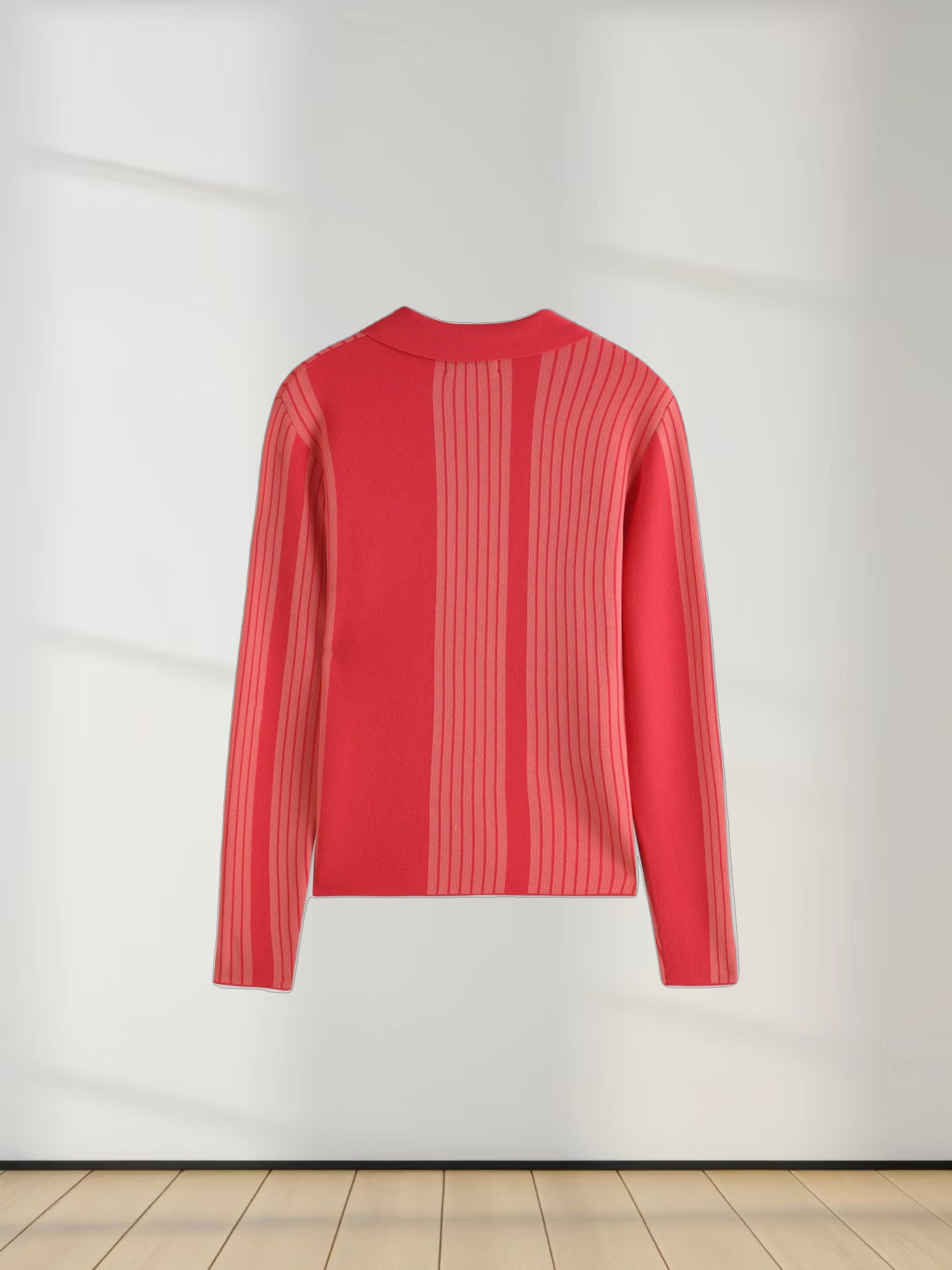 Mixed Stripe Polo Sweater-Coral