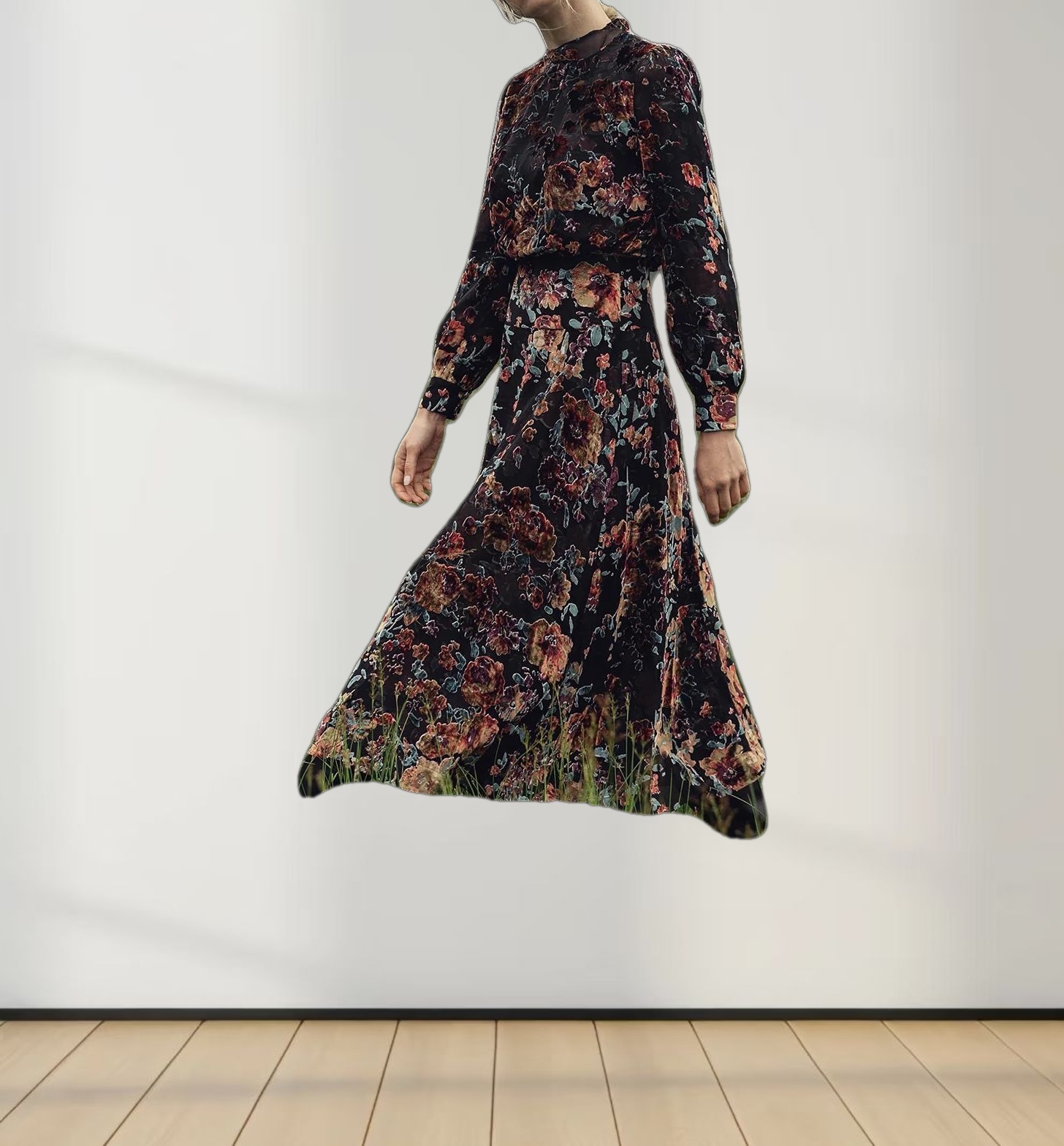 Waisted Yoke Dress-Colored Velvet Floral