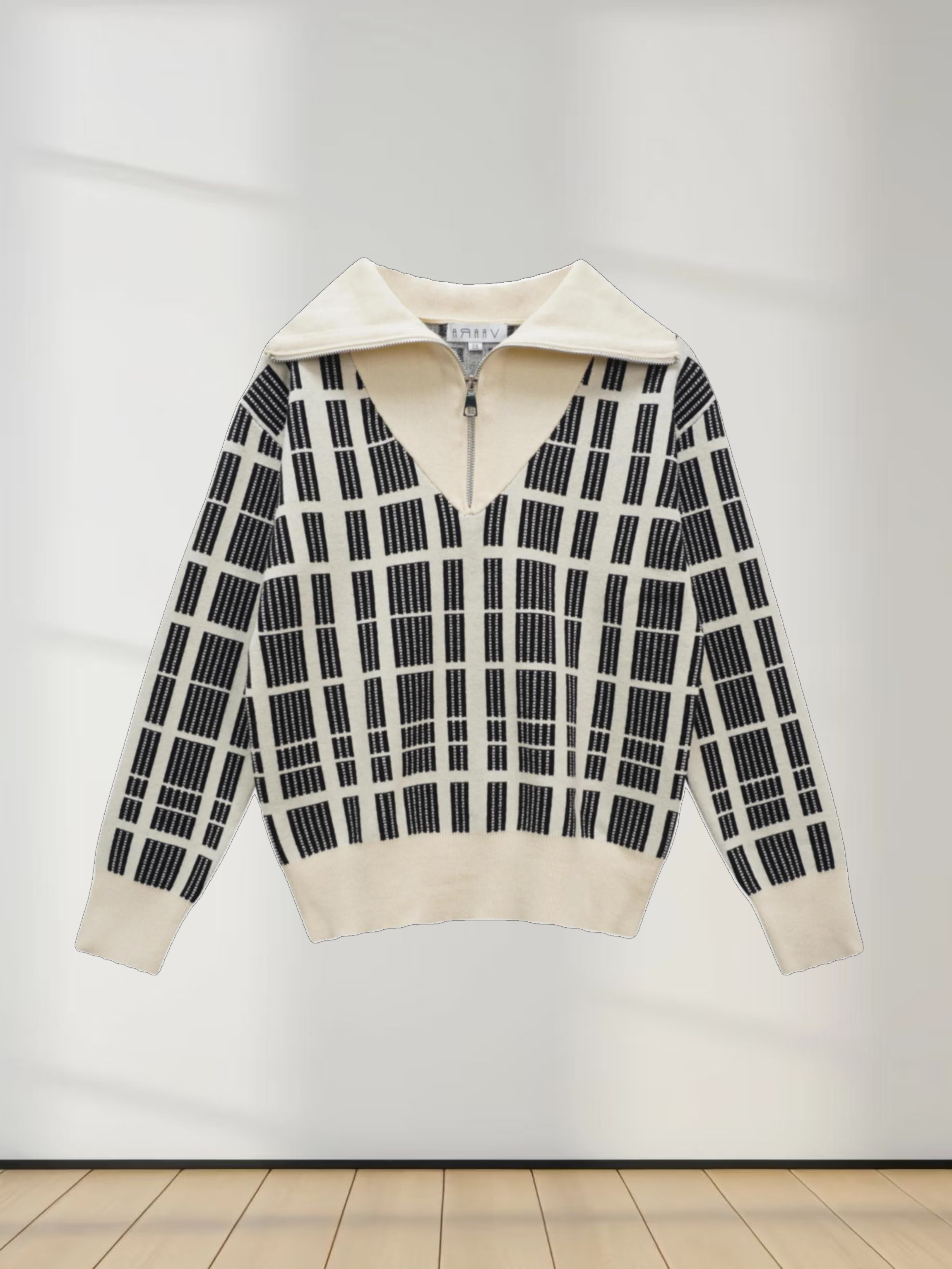 Half Zip Shawl Collar Sweater-Cream/Black