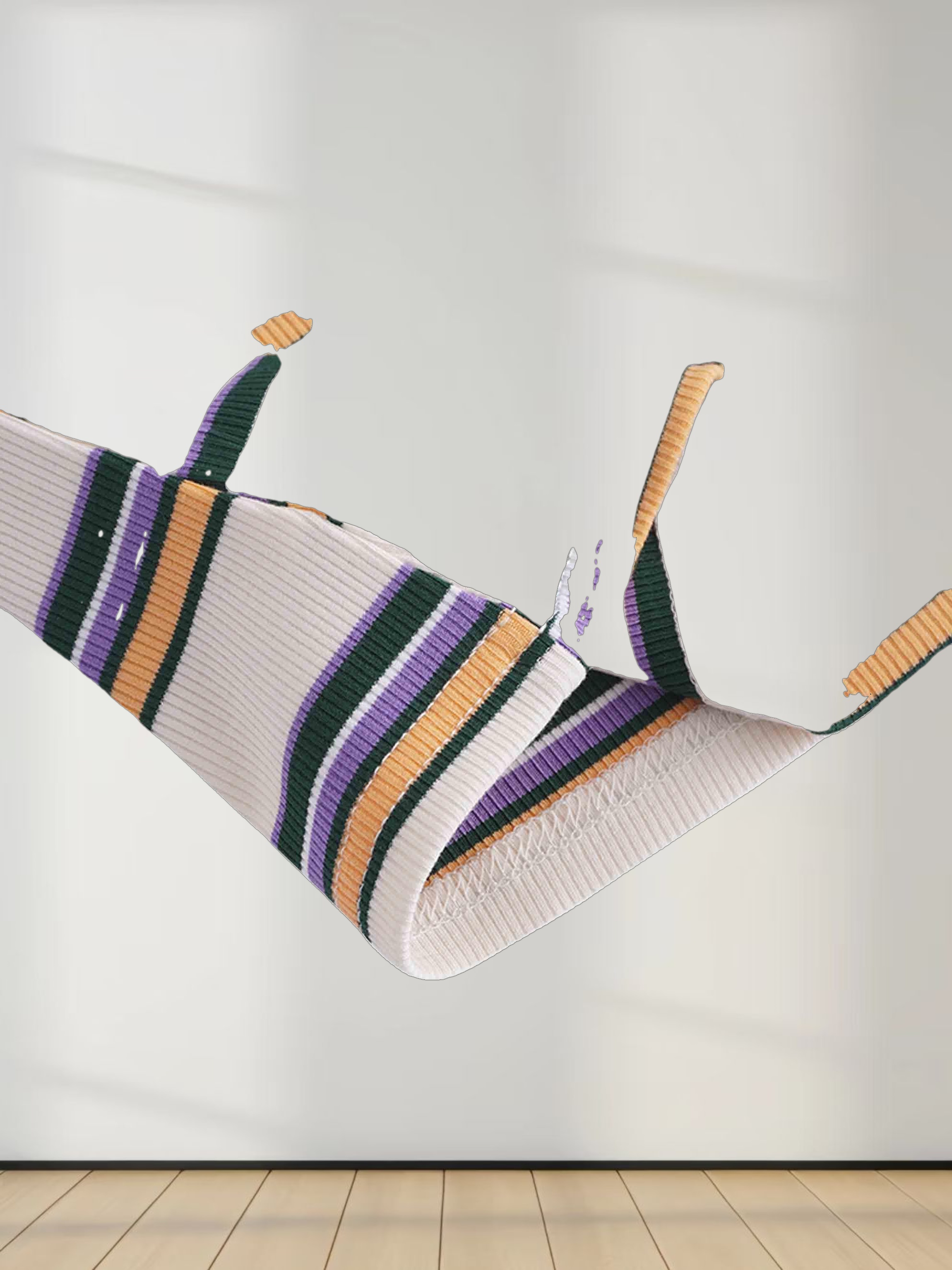 Ribbed Striped High V Tee Long Sleeve-Peach/Green