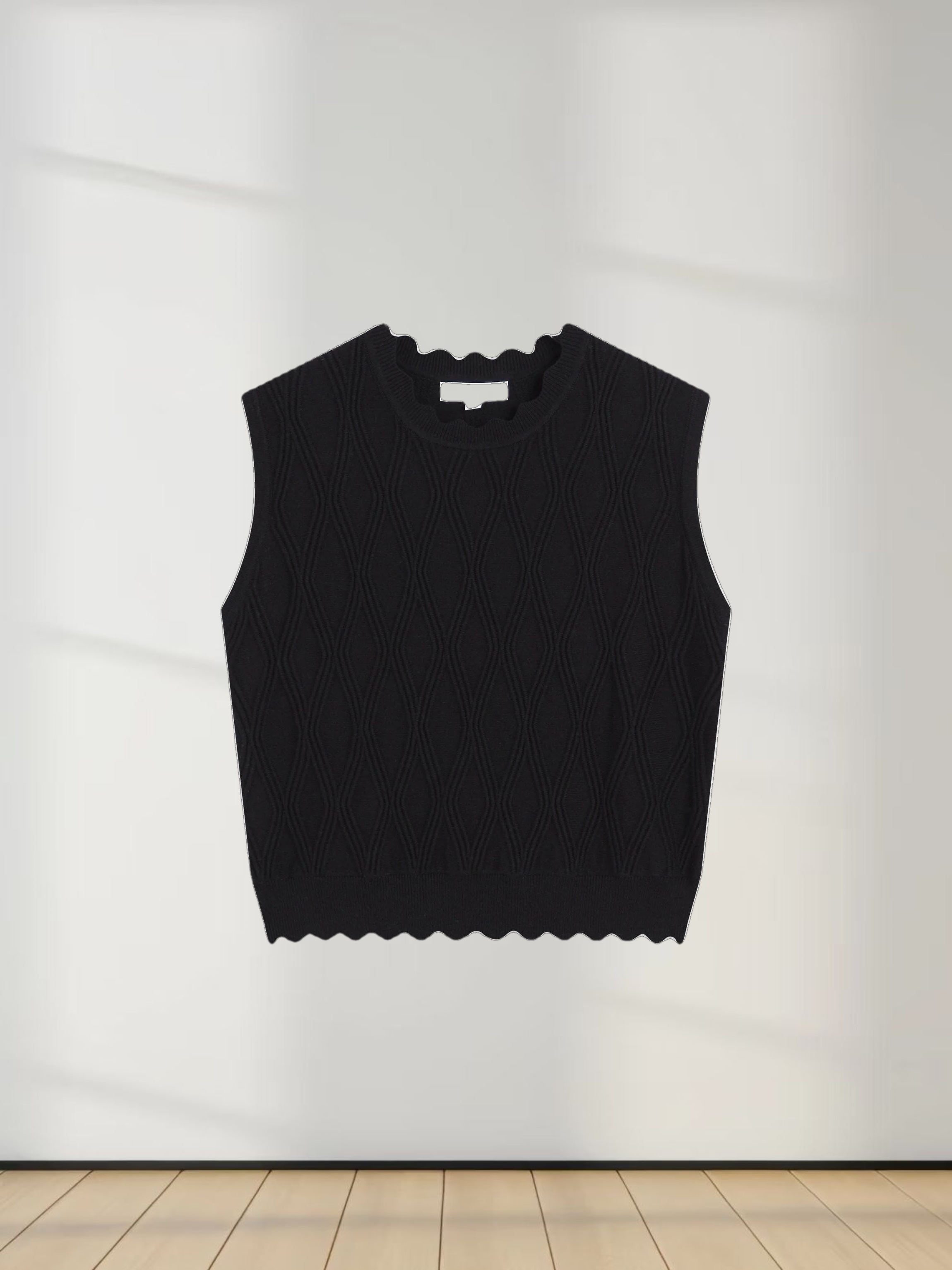 Scalloped Sleeveless Crew Neck Sweater-Black