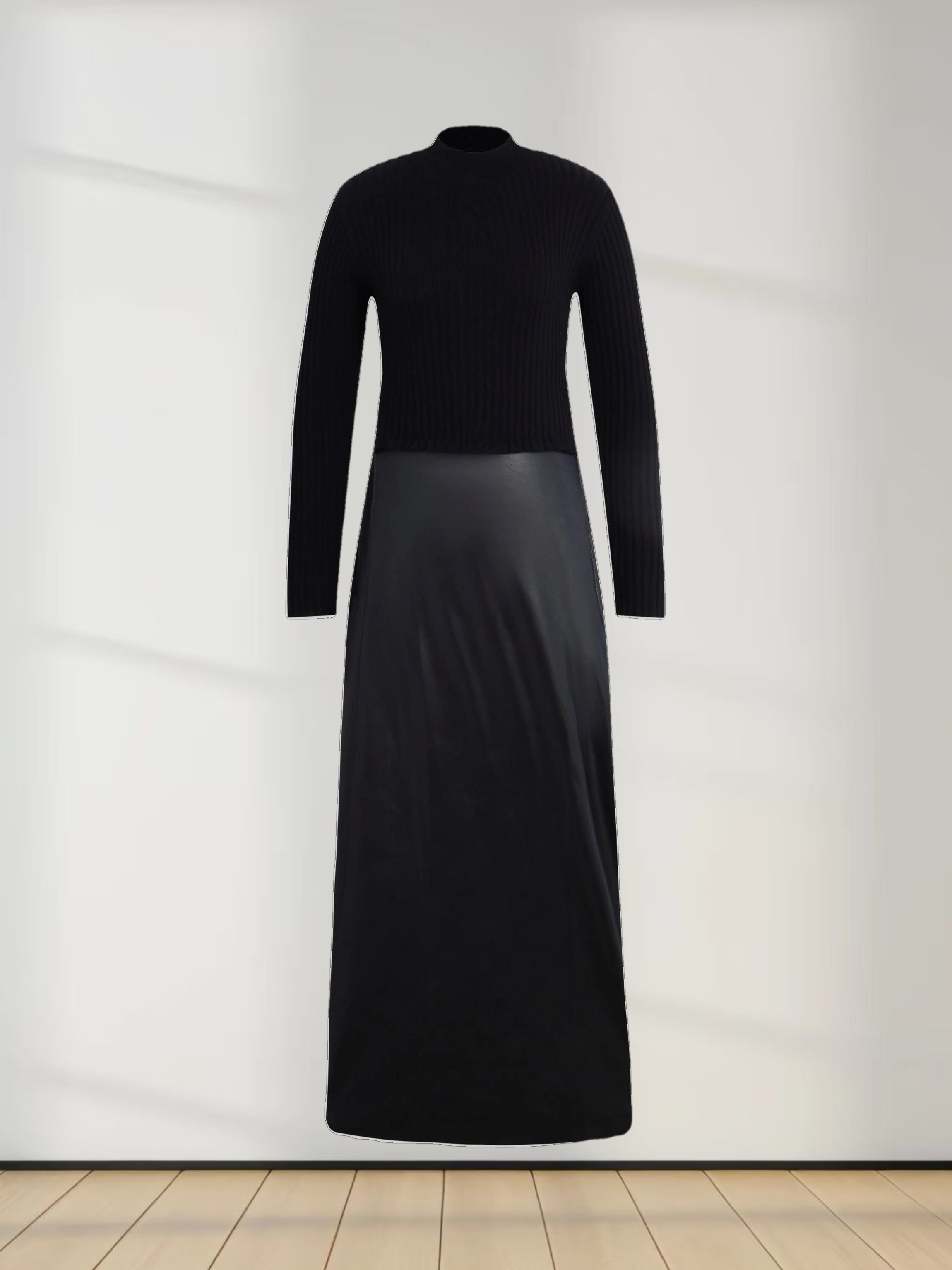 Leather Bottom Dress-Black