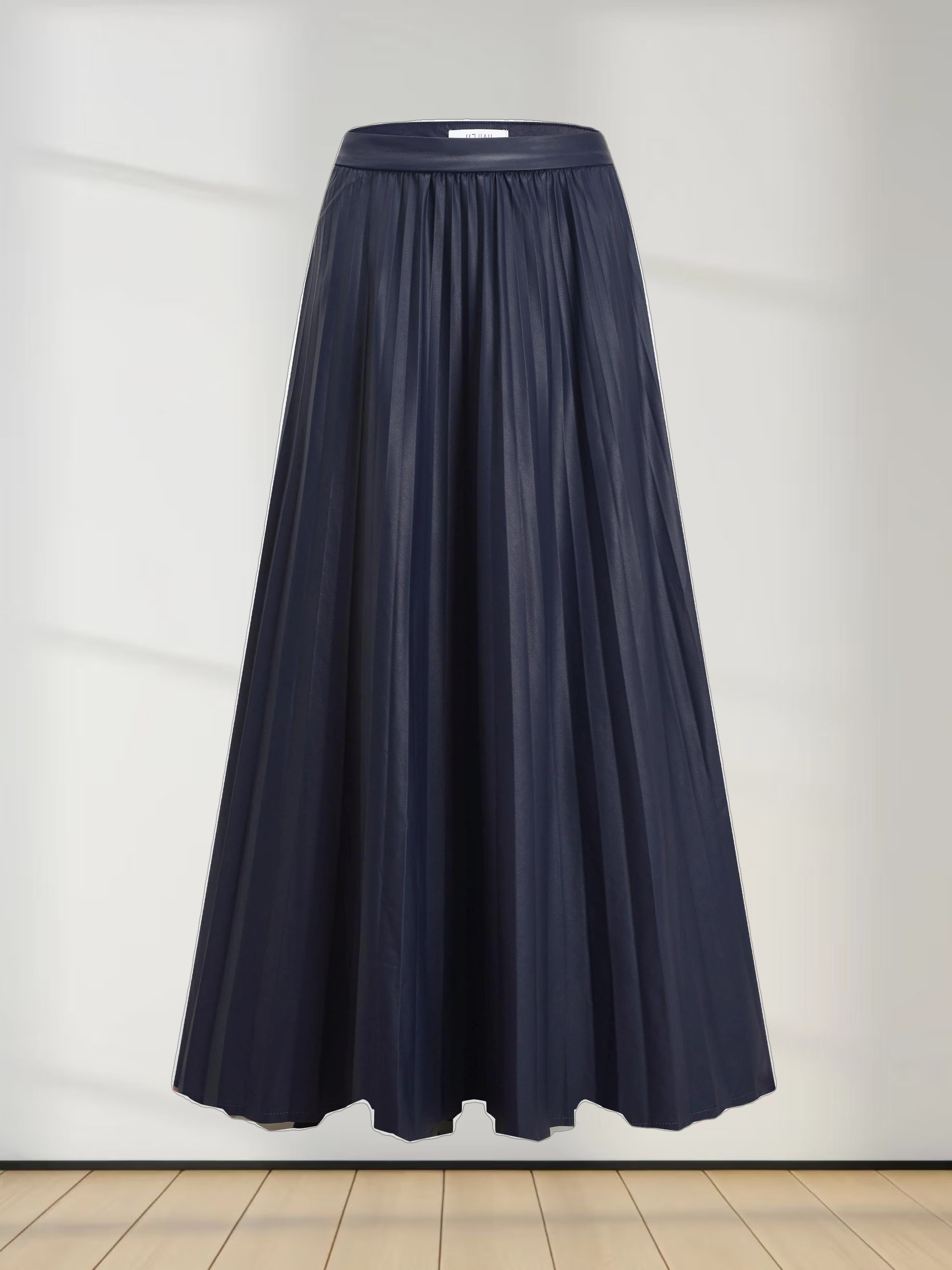 Accordion Pleated Faux Leather Skirt-Navy