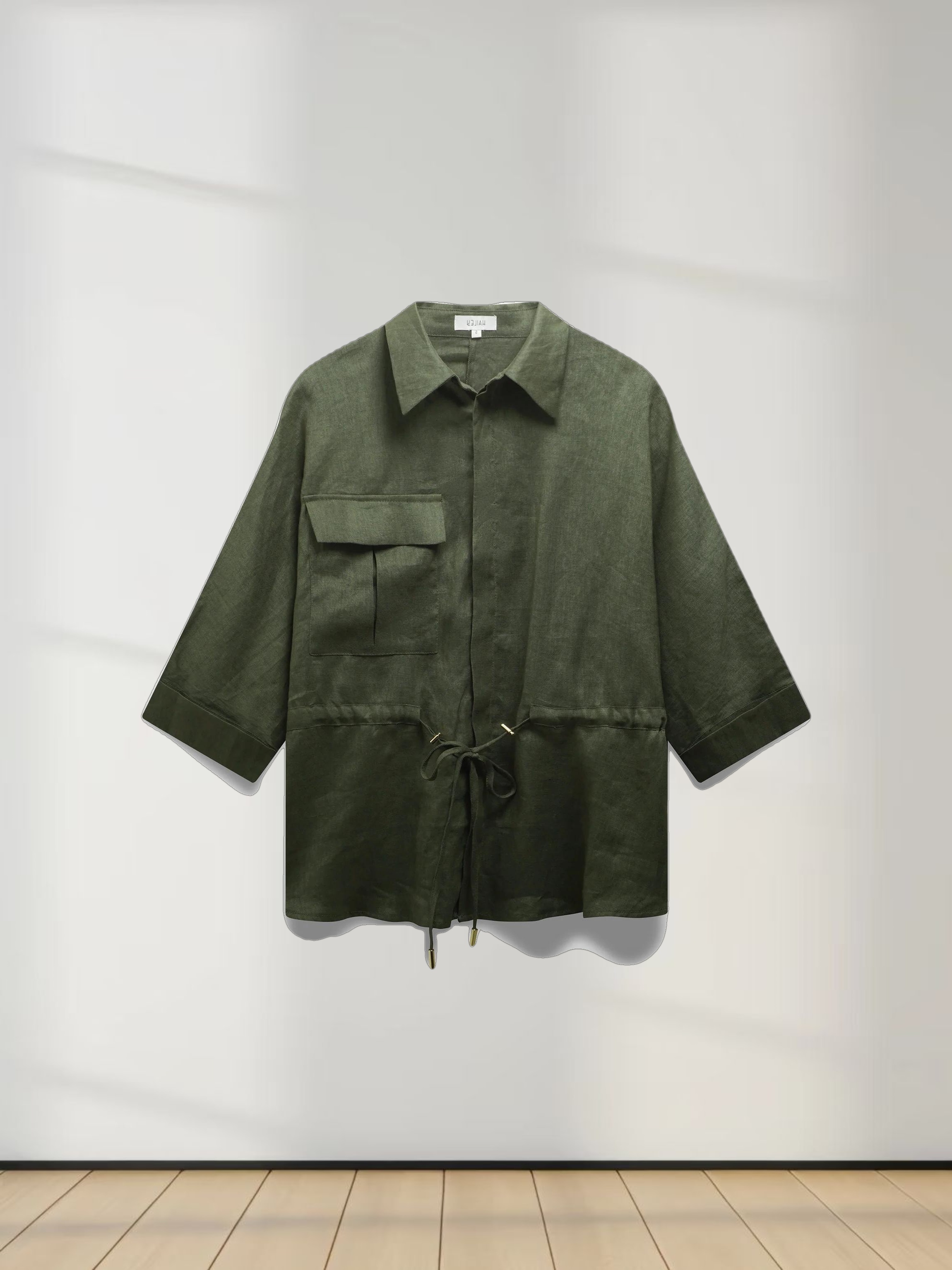 Drawstring Button Down Linen Top-Olive Green