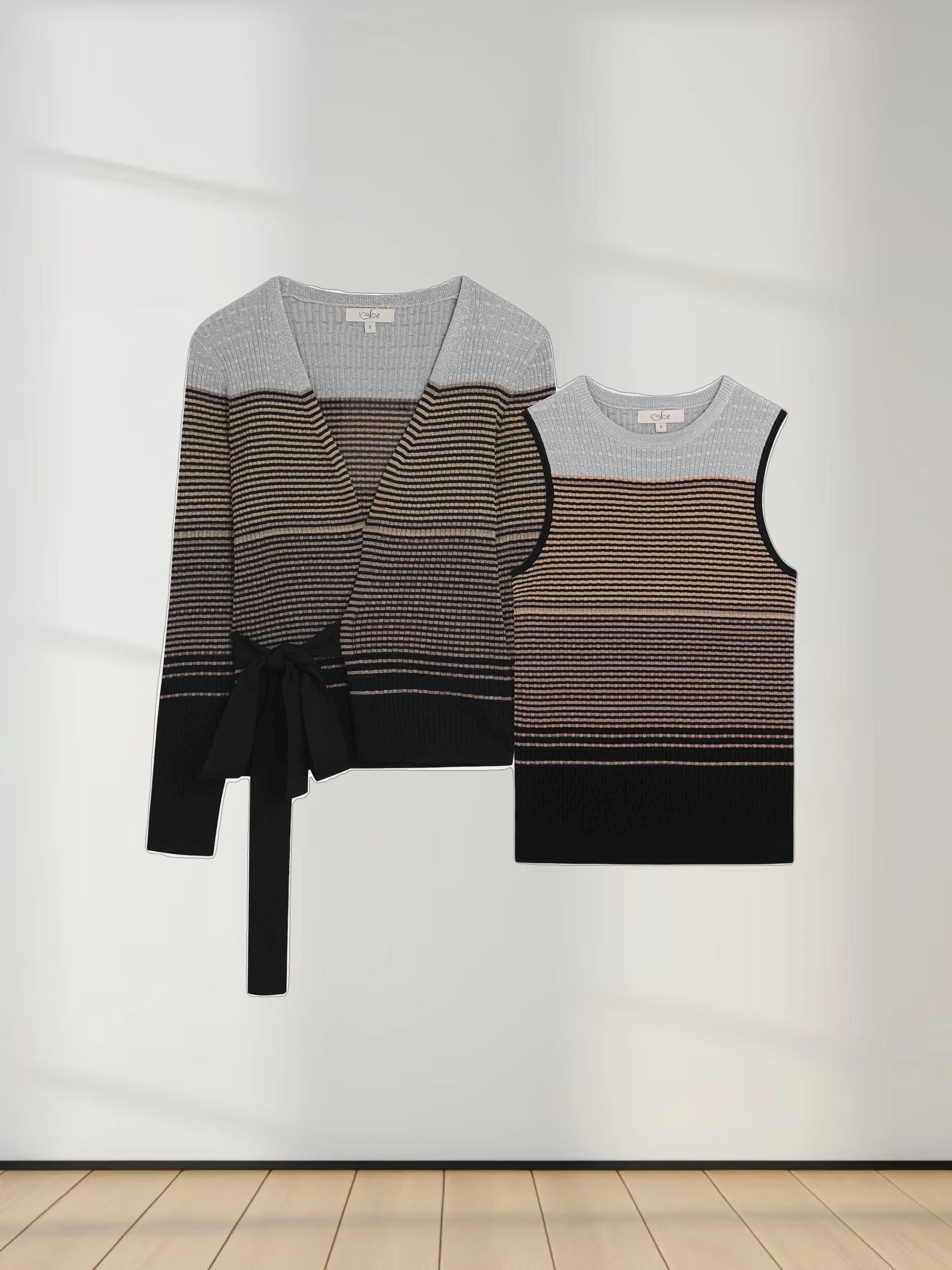 Lurex Stripe Wrap Sweater SET-Gold/Silver/Black
