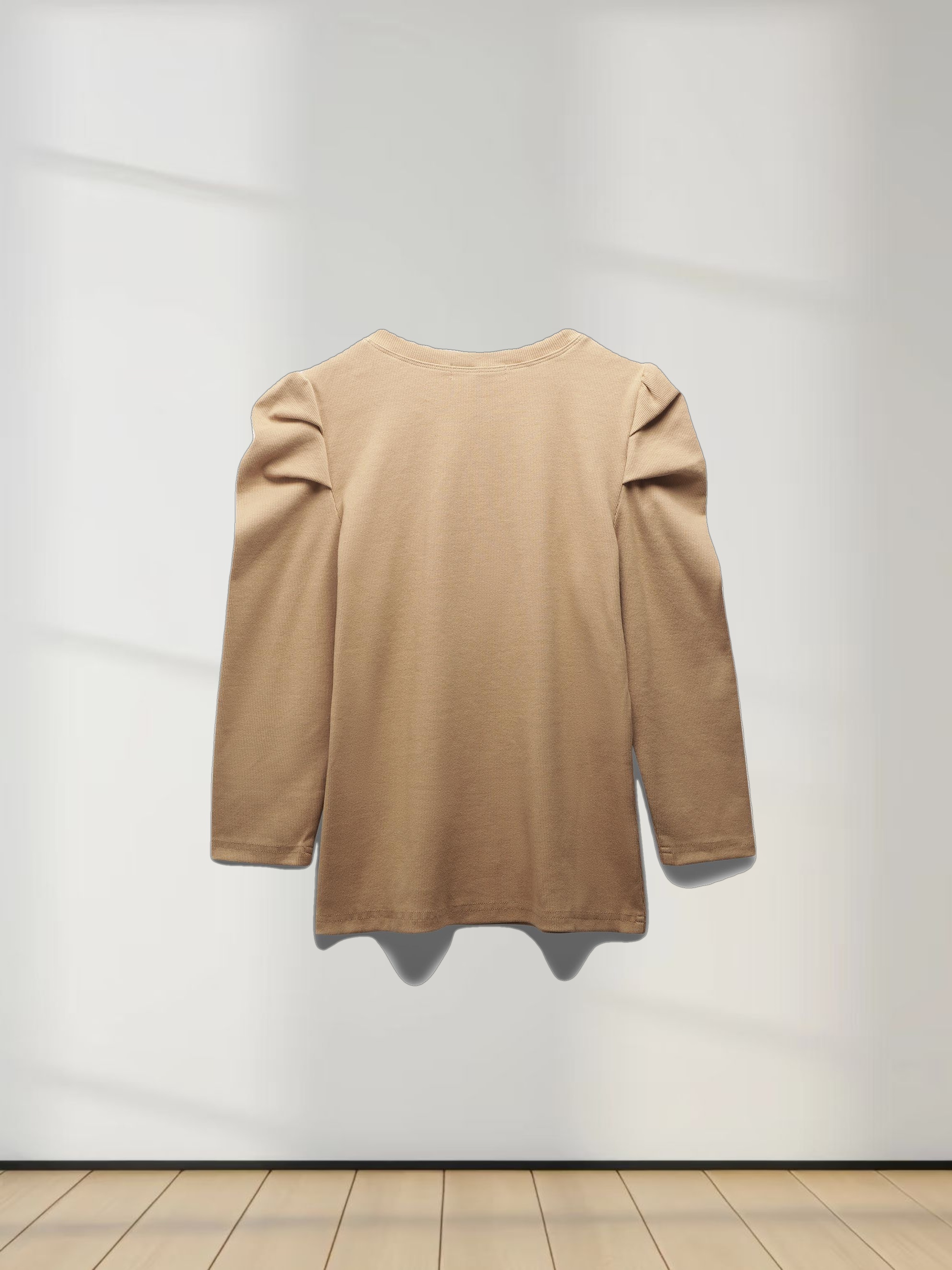 Ribbed Crew Neck Puff Sleeve Top-Tan