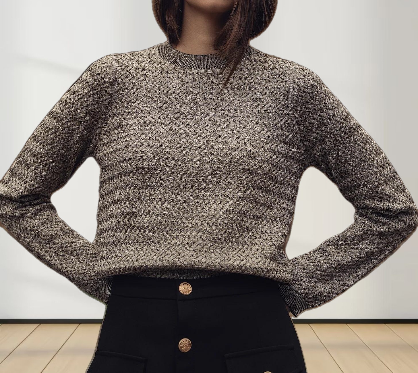 Textured Lurex Crew Sweater-Ivory