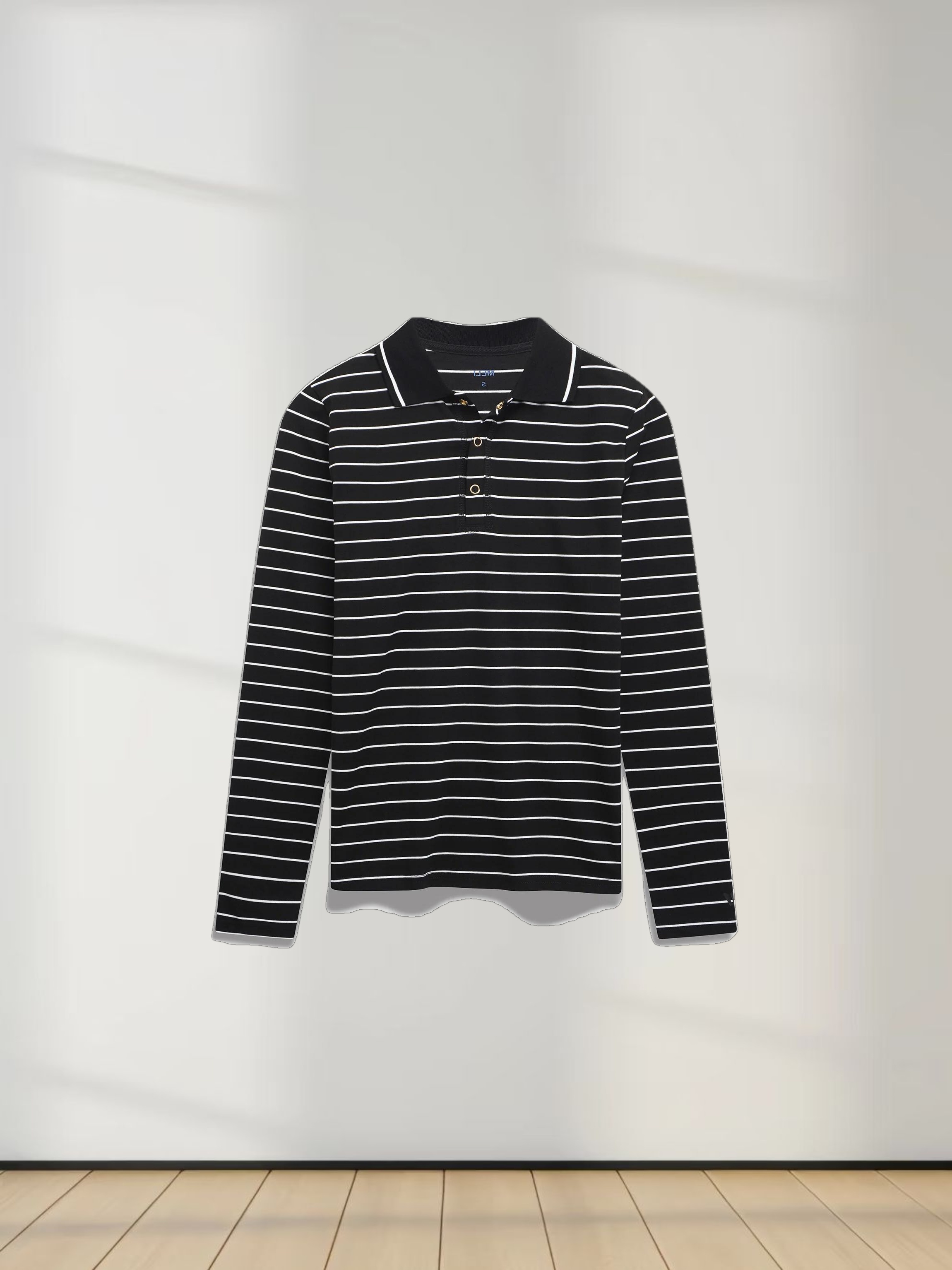 Striped Collar Snap Tee-Black/White