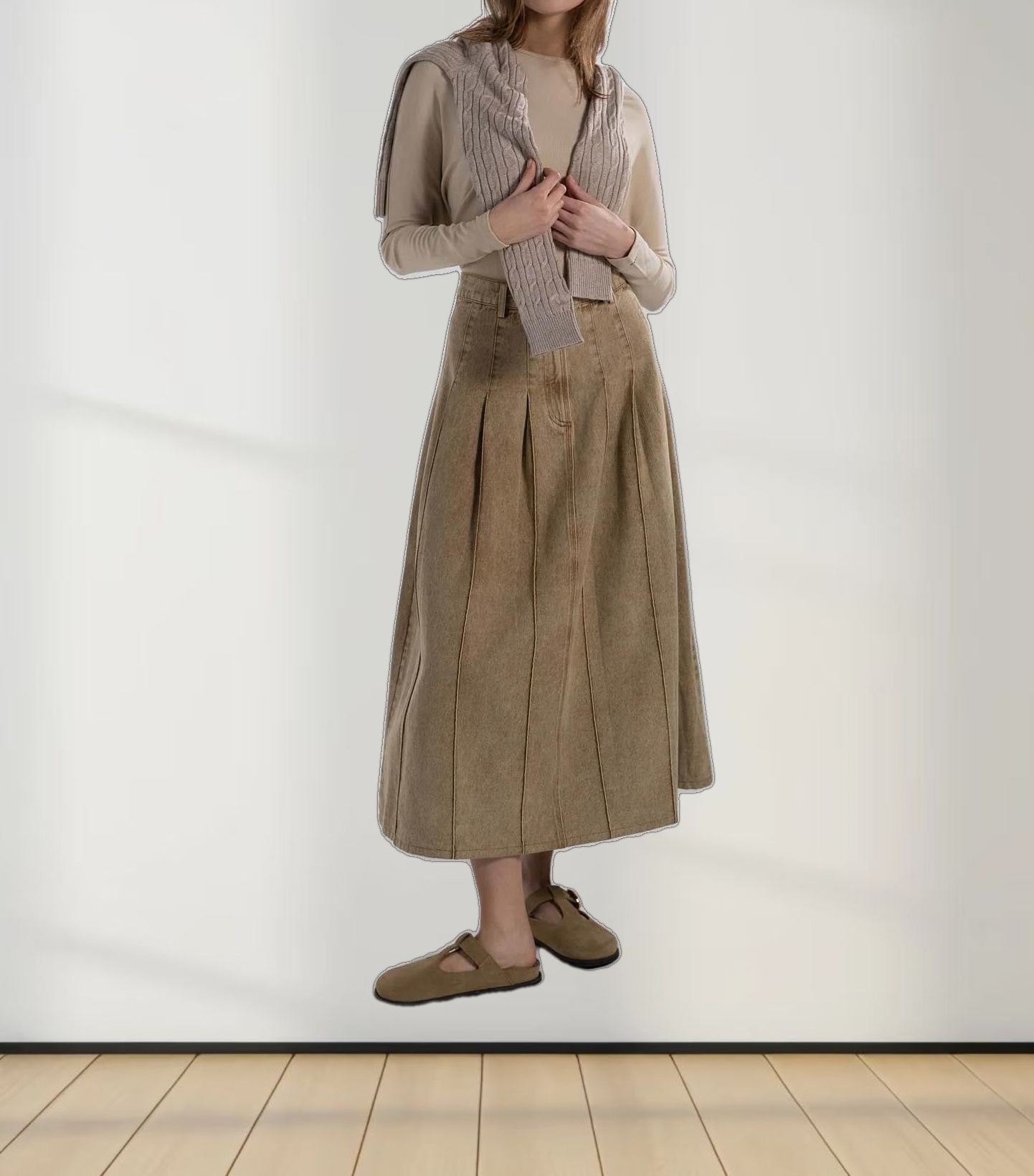 Stitched Pleated Skirt-Tan