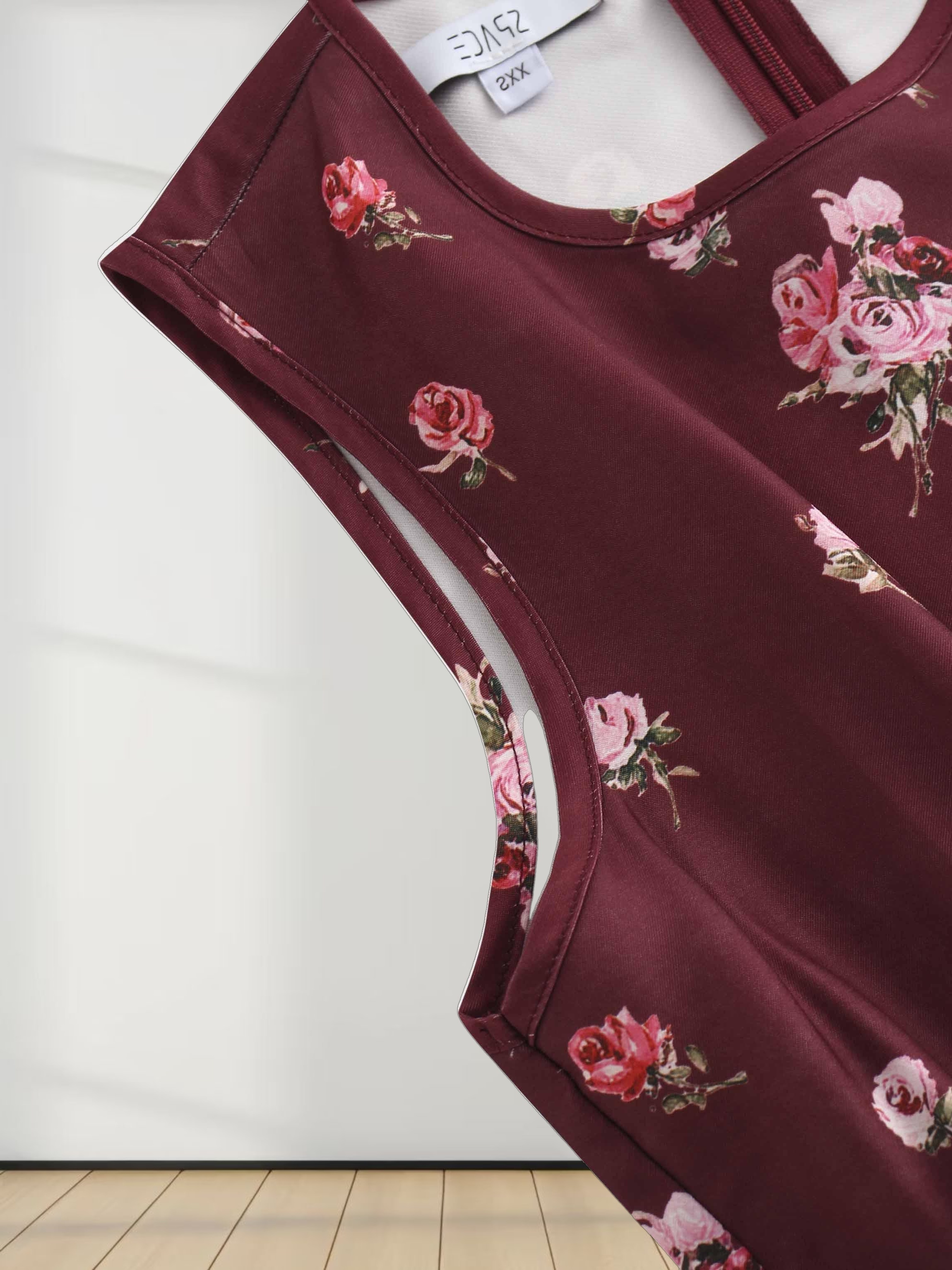 Pleated Bottom Slip Dress-Burgundy Floral