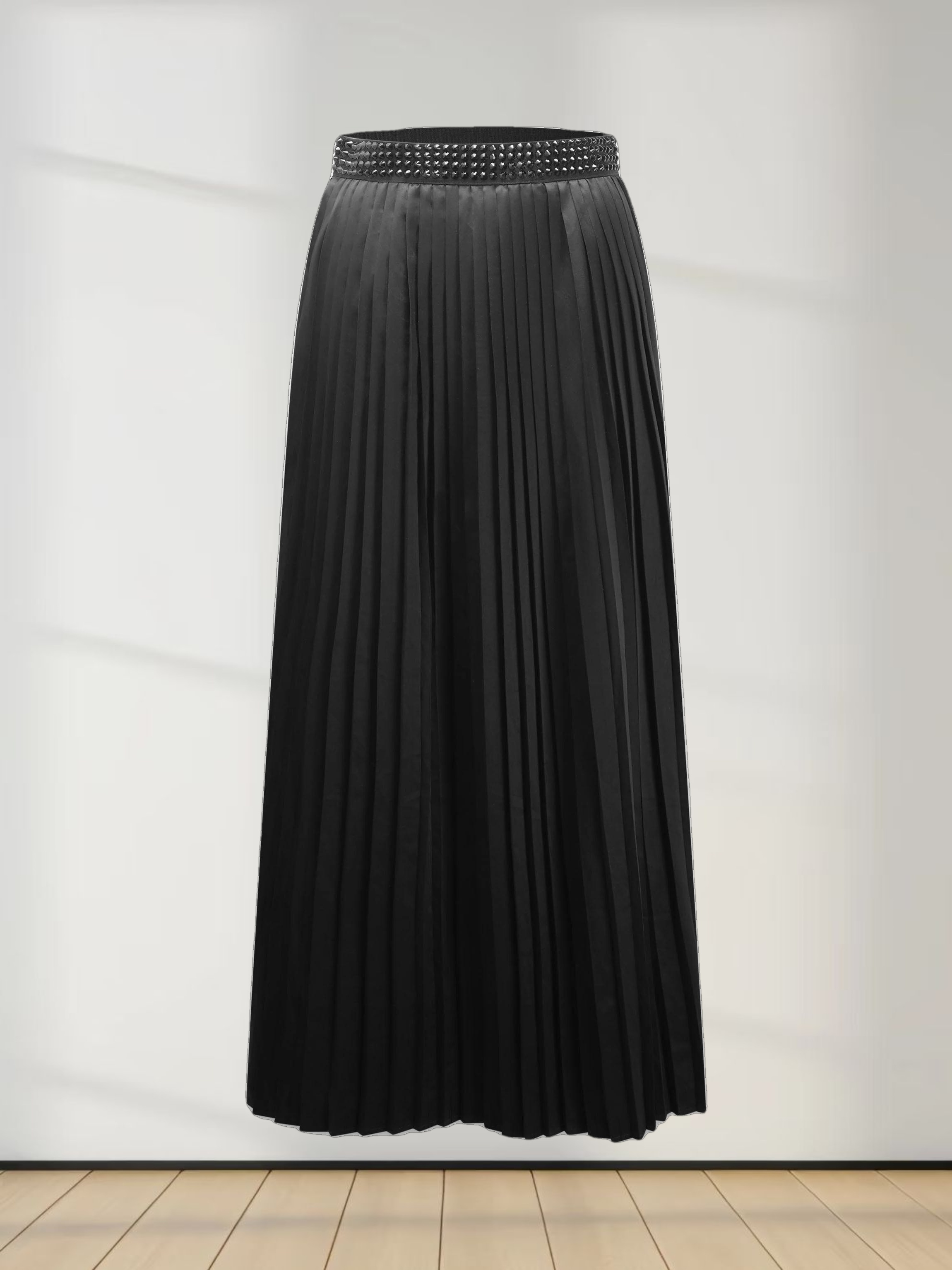 Stone Embellished Faux Satin Pleated Skirt-Black