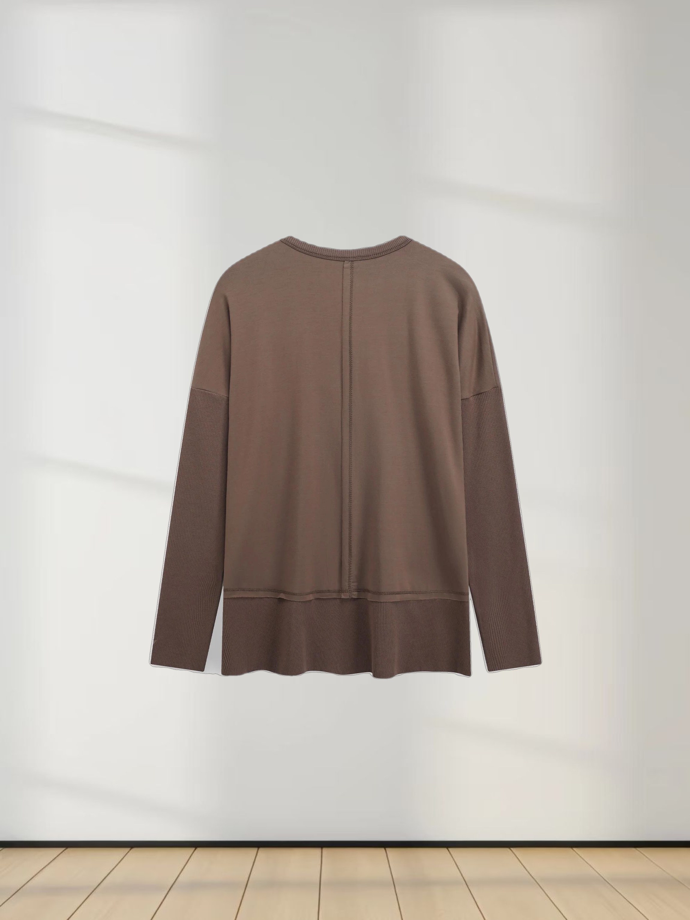 RIBBED BOTTOM T-SHIRT-BROWN