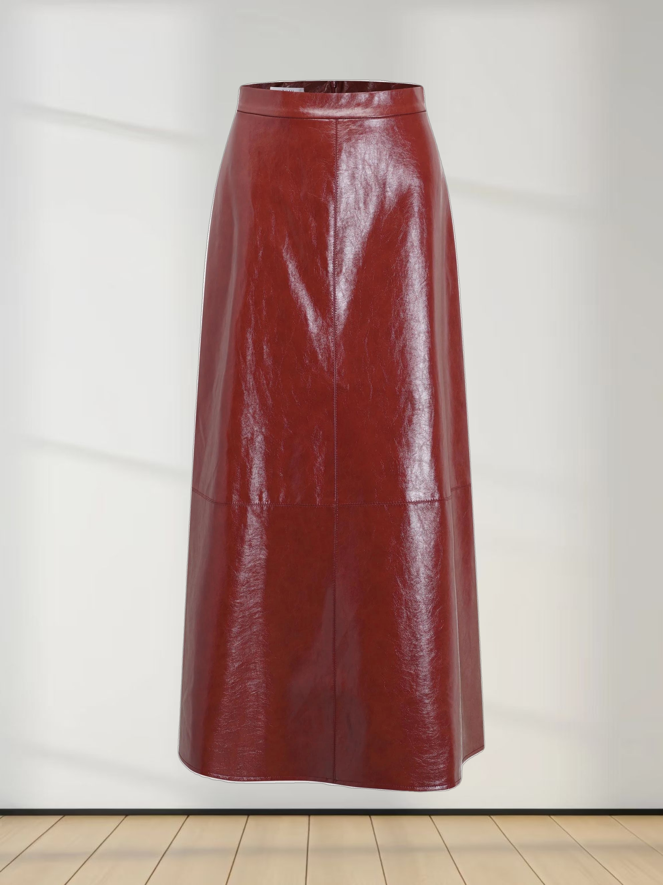 Coated Faux Leather A-Line Skirt-Burgundy