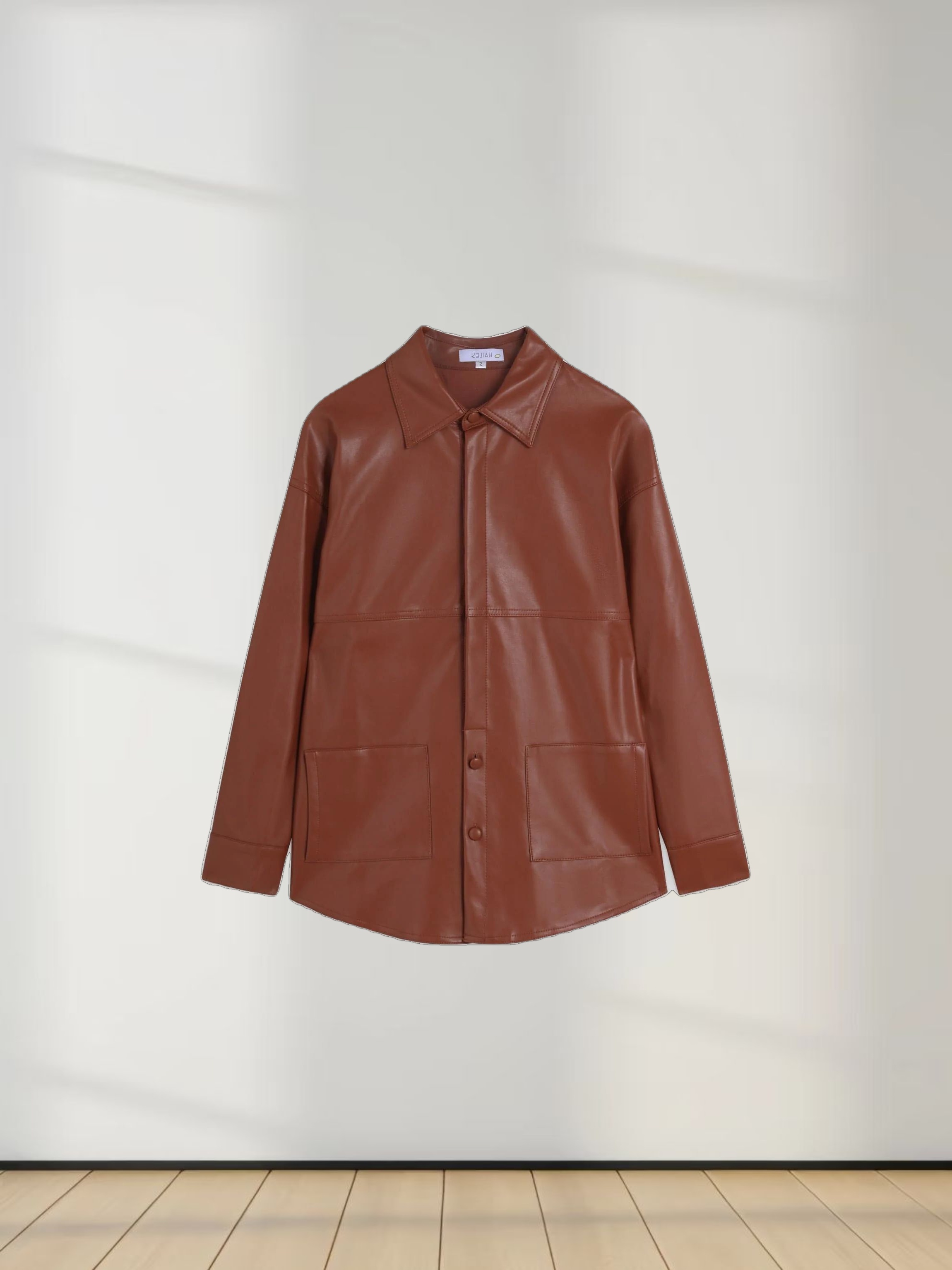 Snap Down Shacket-Cognac Leather