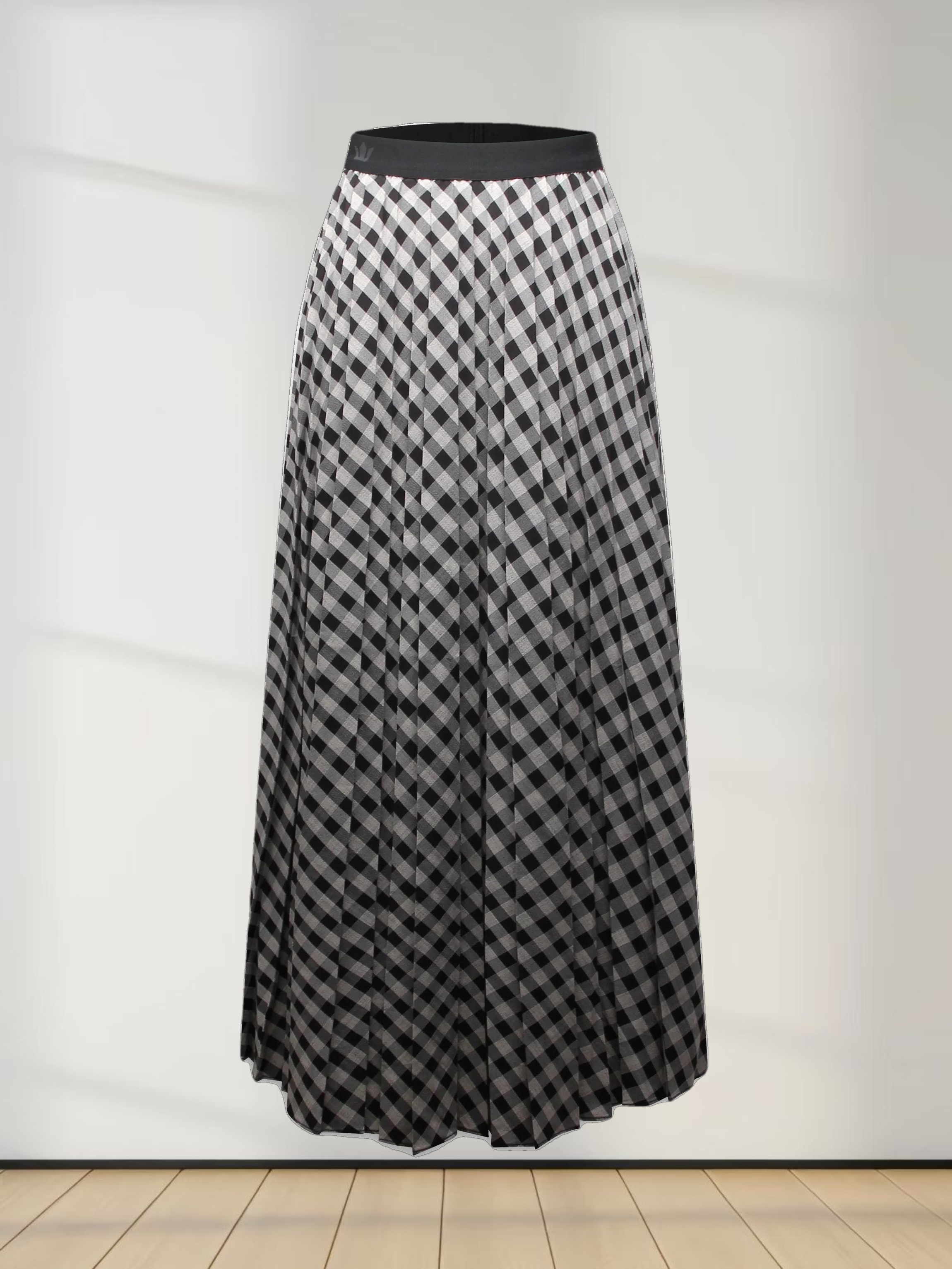Printed Pleated Skirt-Tan/Black Gingham