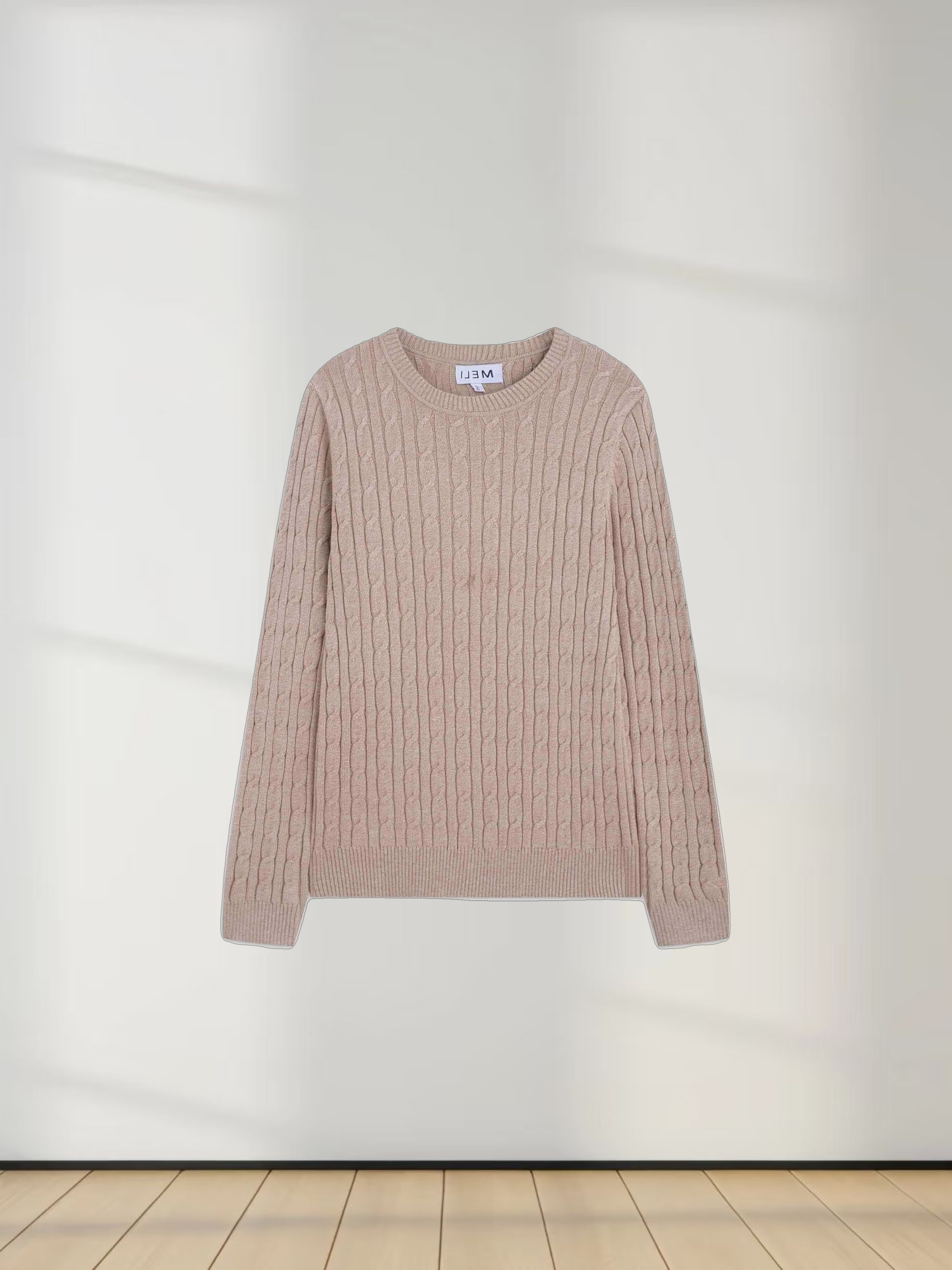 Knit Cable Sweater-Heathered Tan/Cream