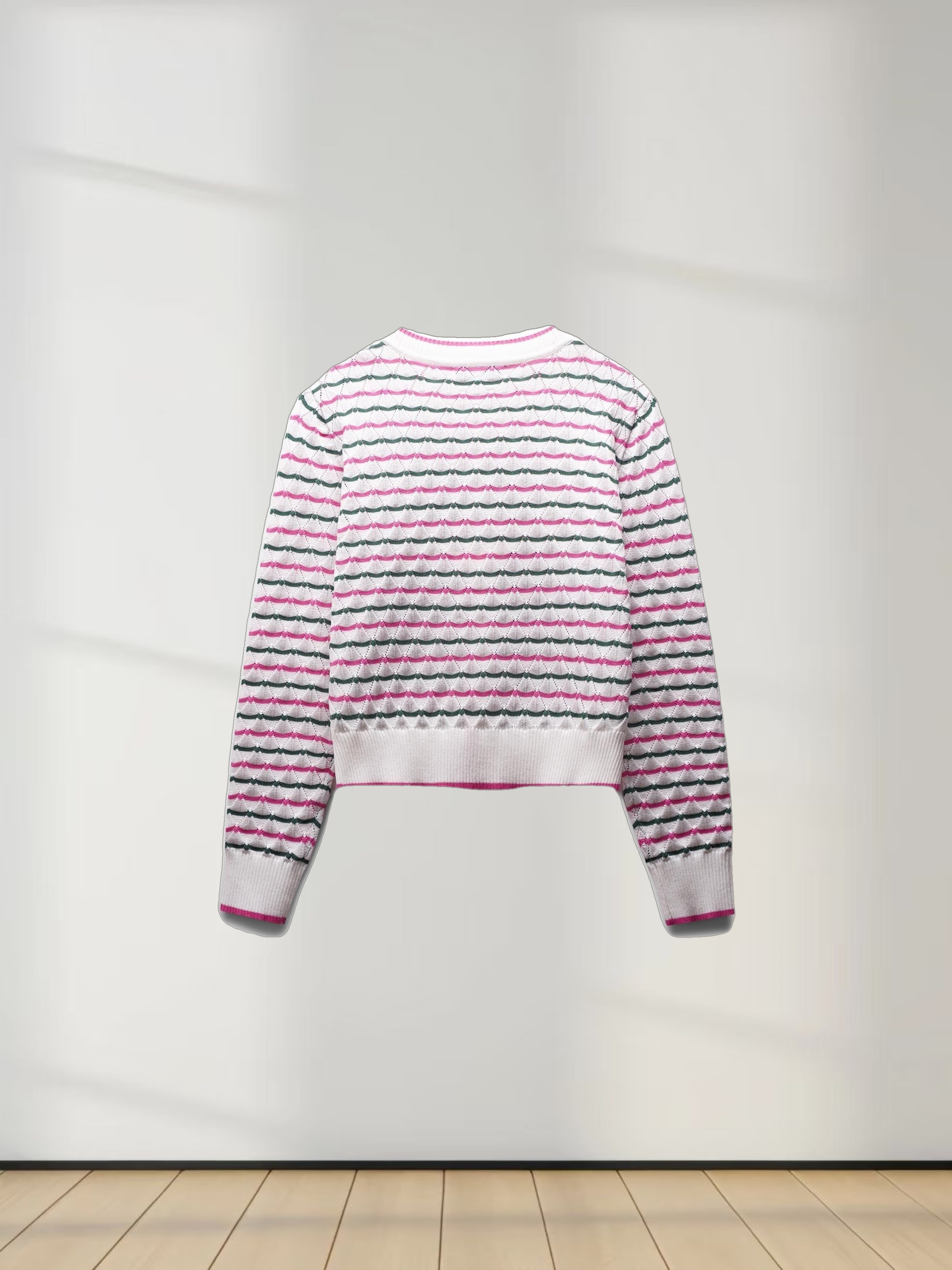 Striped Pointelle Cardigan-Green/Pink/White