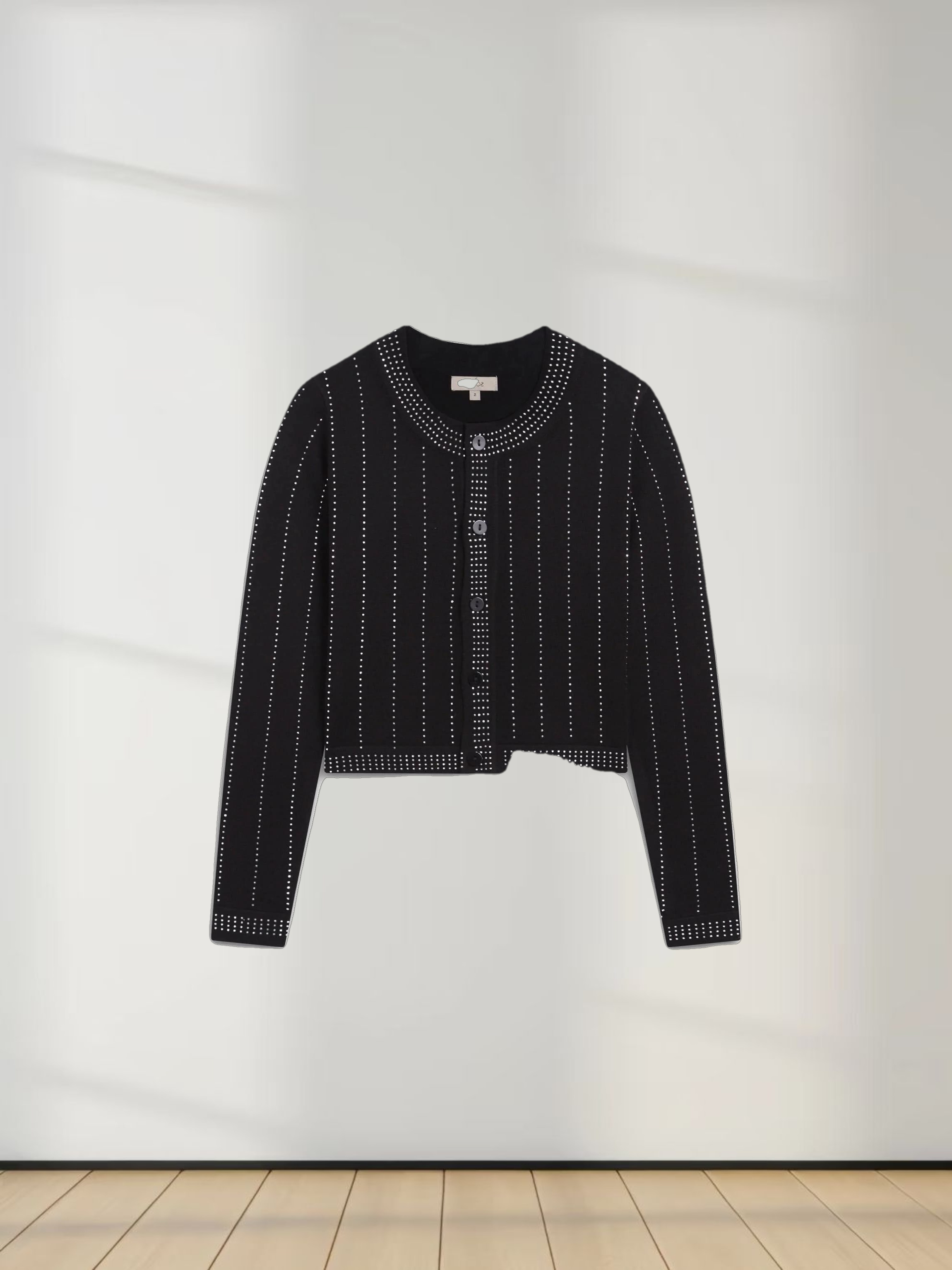 Crystal Pinstripe Crew Cardigan-Black