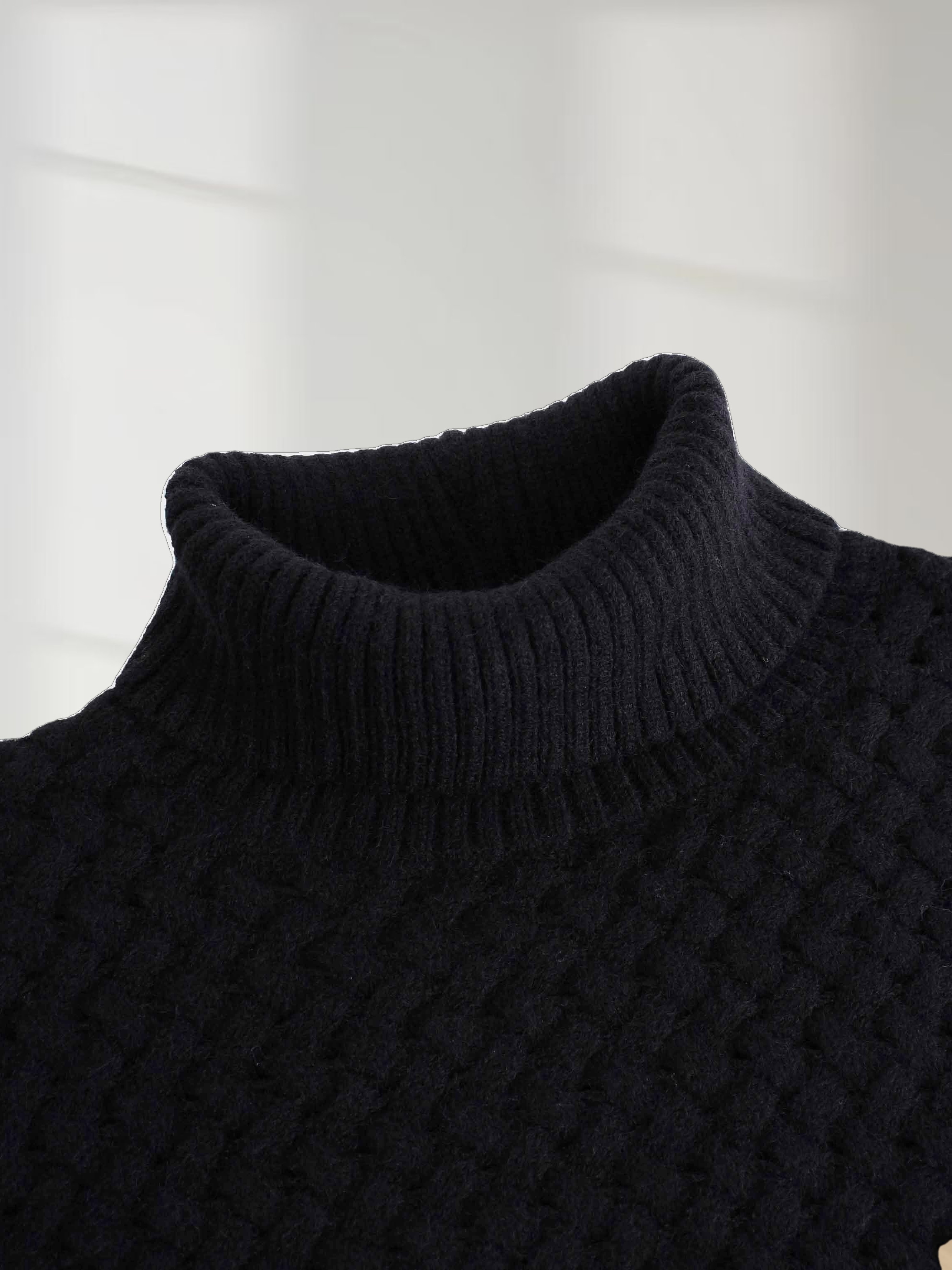 Basketweave Turtleneck Sweater-Black
