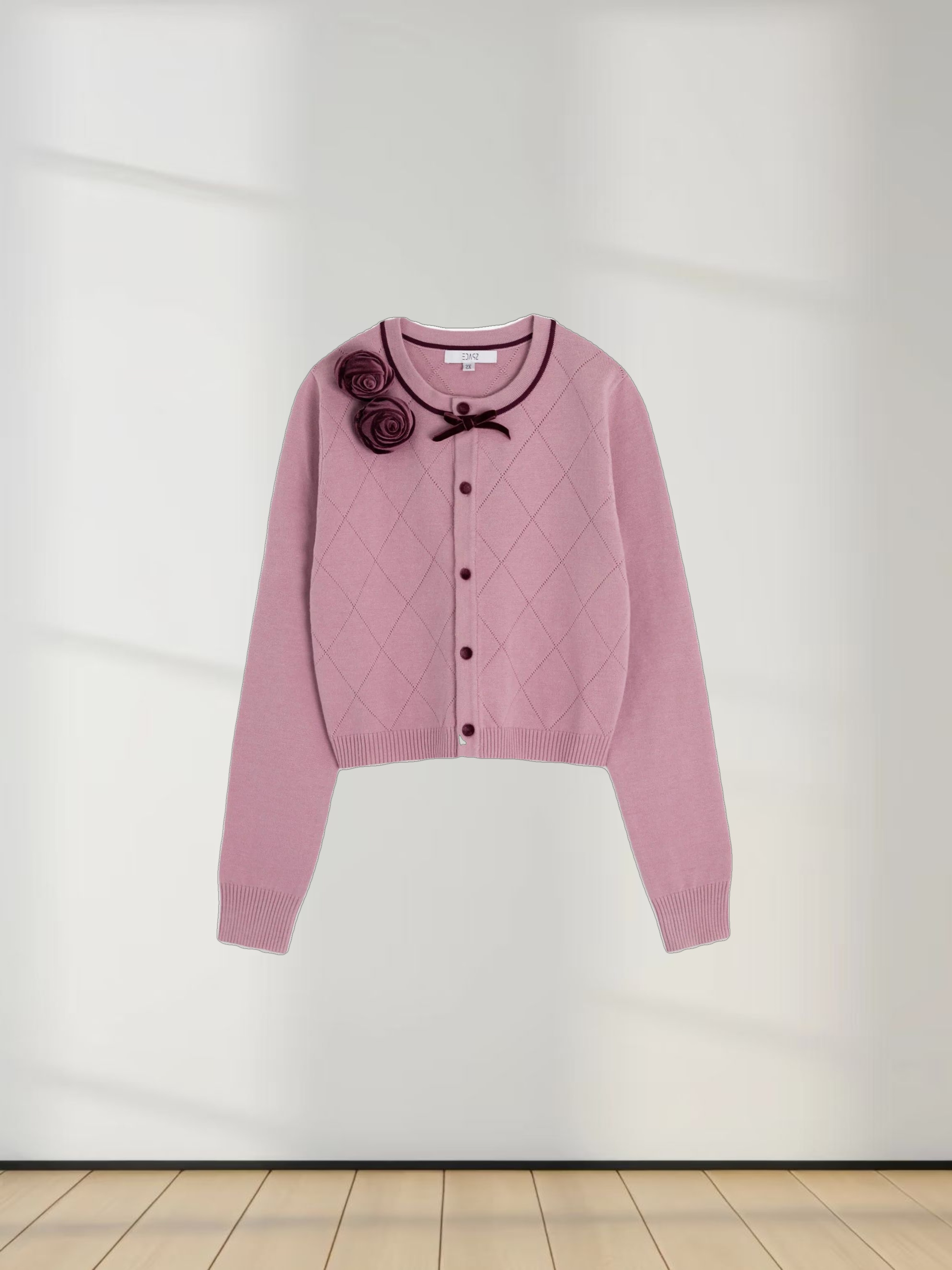 Velvet Detail Pointelle Crew Cardigan-Pink/Burgundy