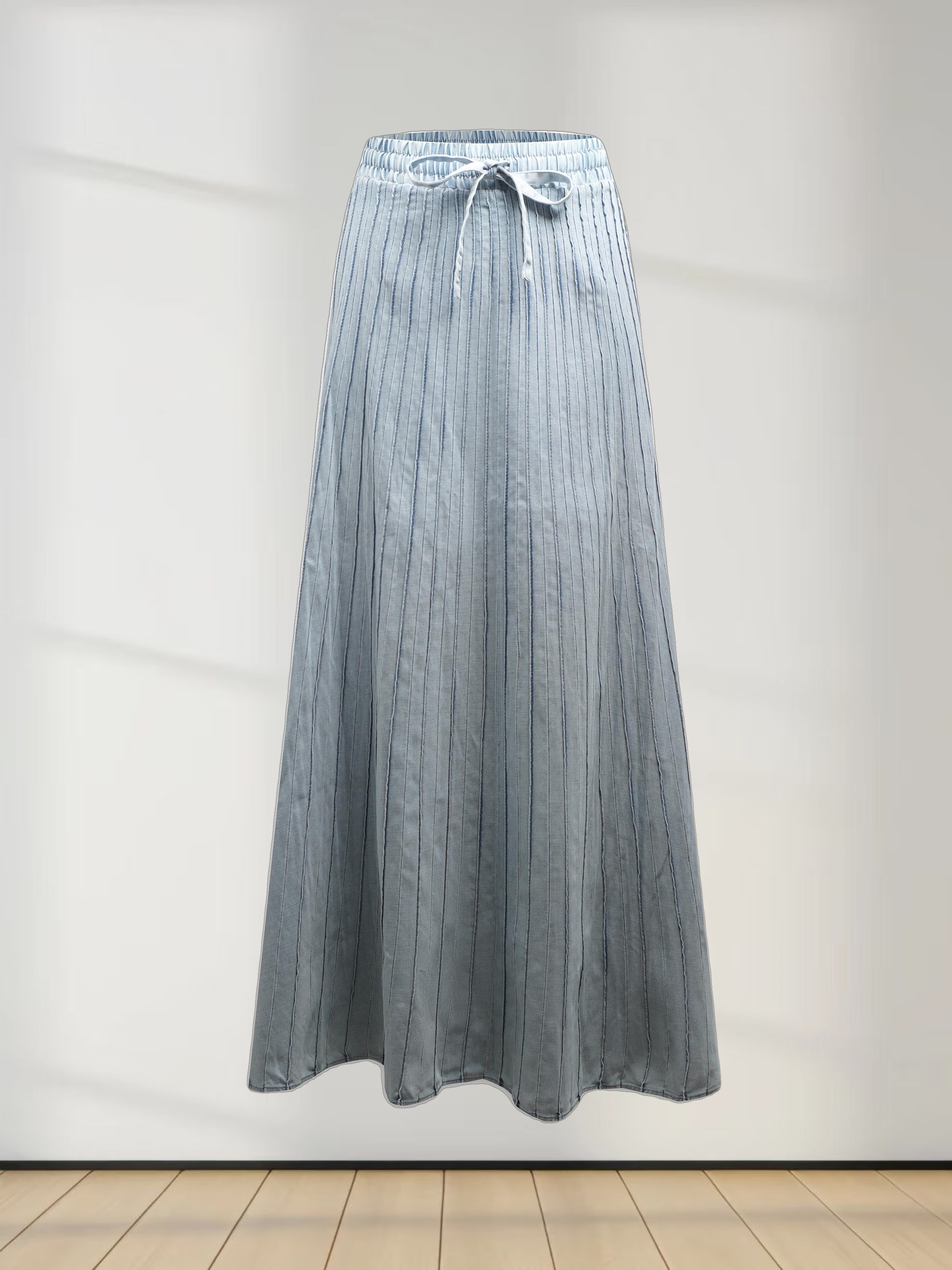Stitched Micro Pleat Denim Skirt-Light Blue