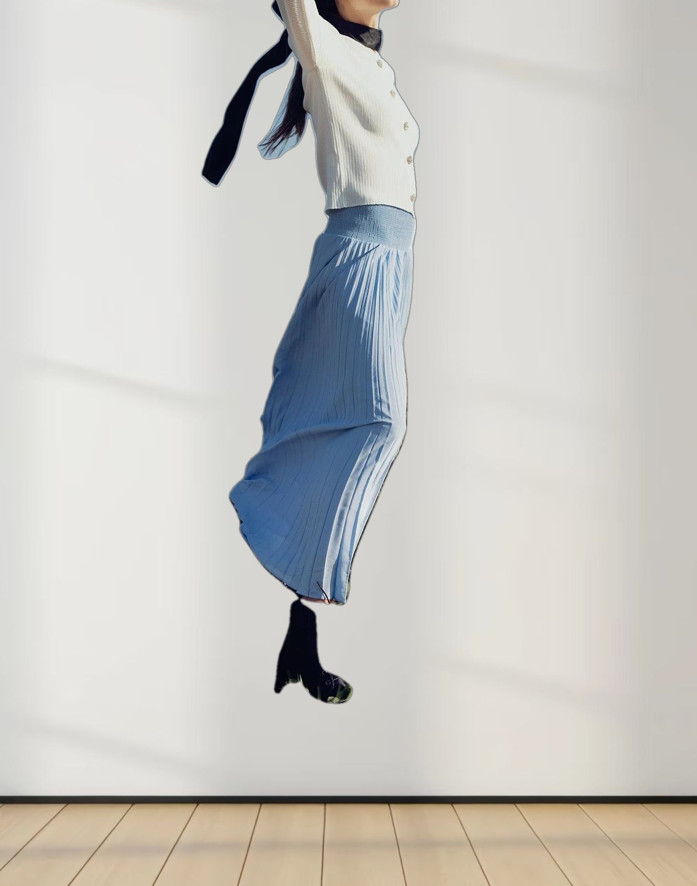 SHIRRED WAIST PLEATED SKIRT (LONG)-LIGHT BLUE