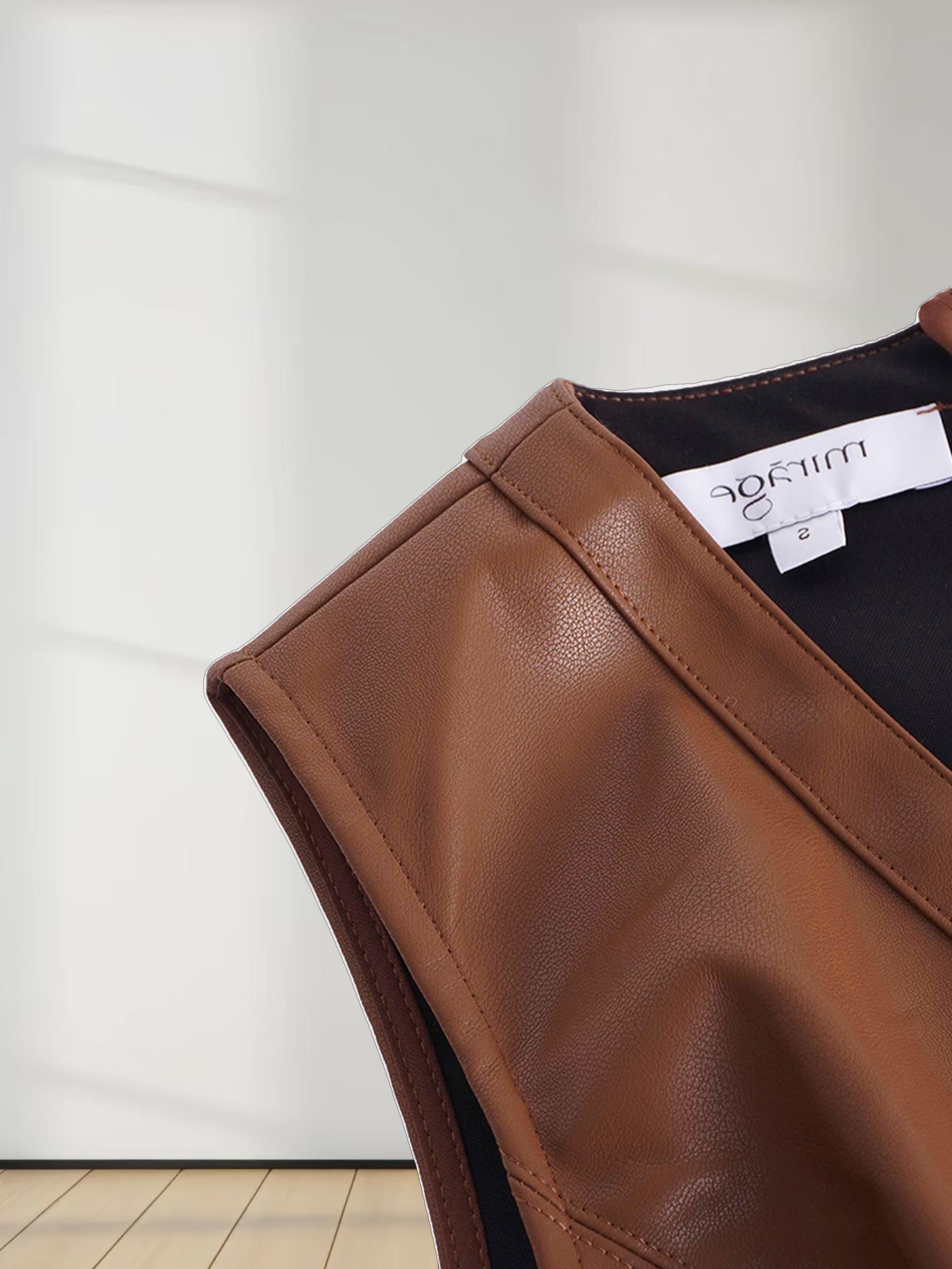 Faux Leather Seamed Jumper-Brown