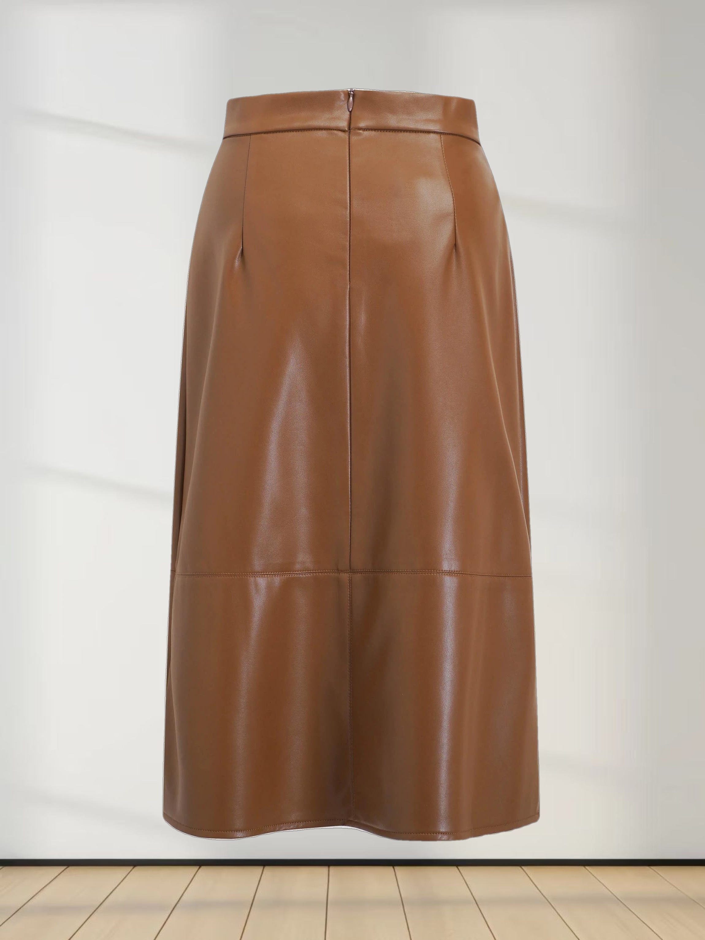 Short A-Line Seamed Faux Leather Skirt-Brown