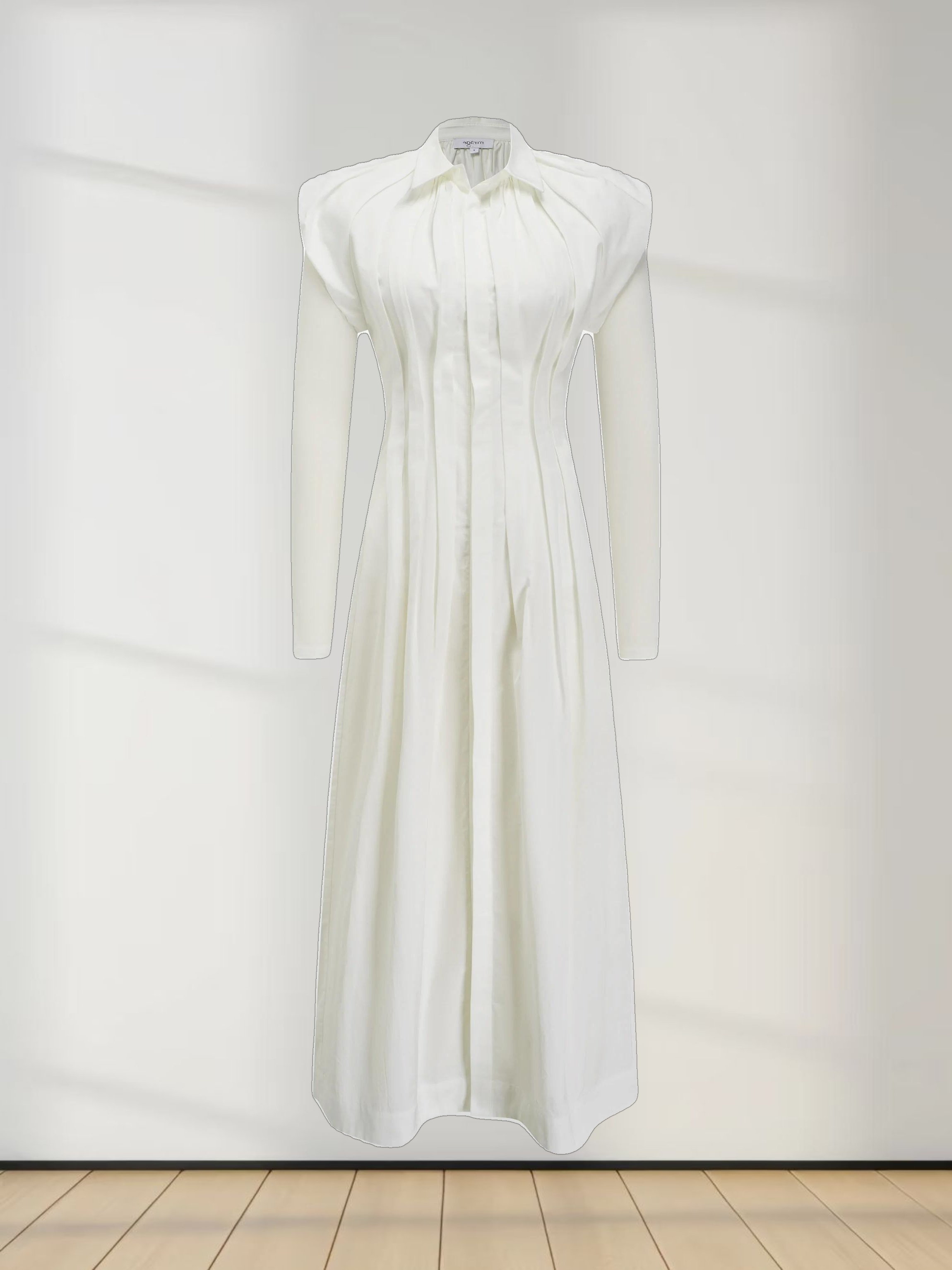 Pleat Front Button Down Dress-White