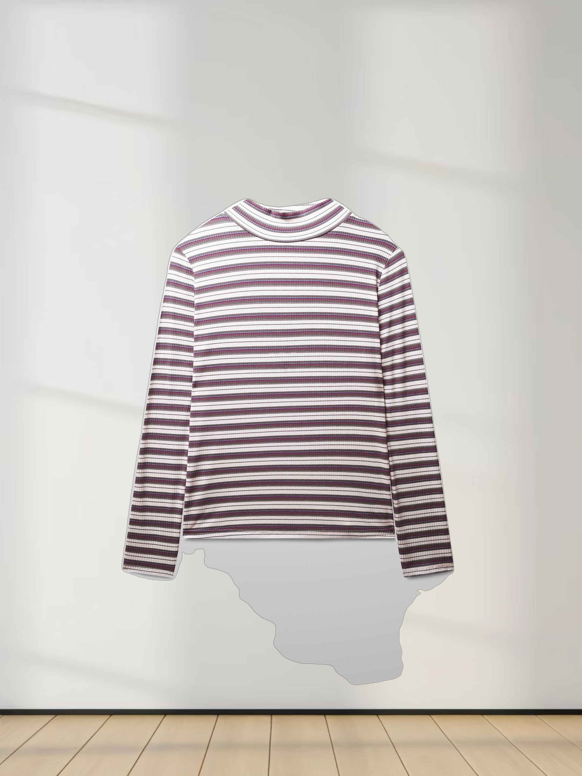 Striped Ribbed Turtleneck-Cream/Grey/Pink