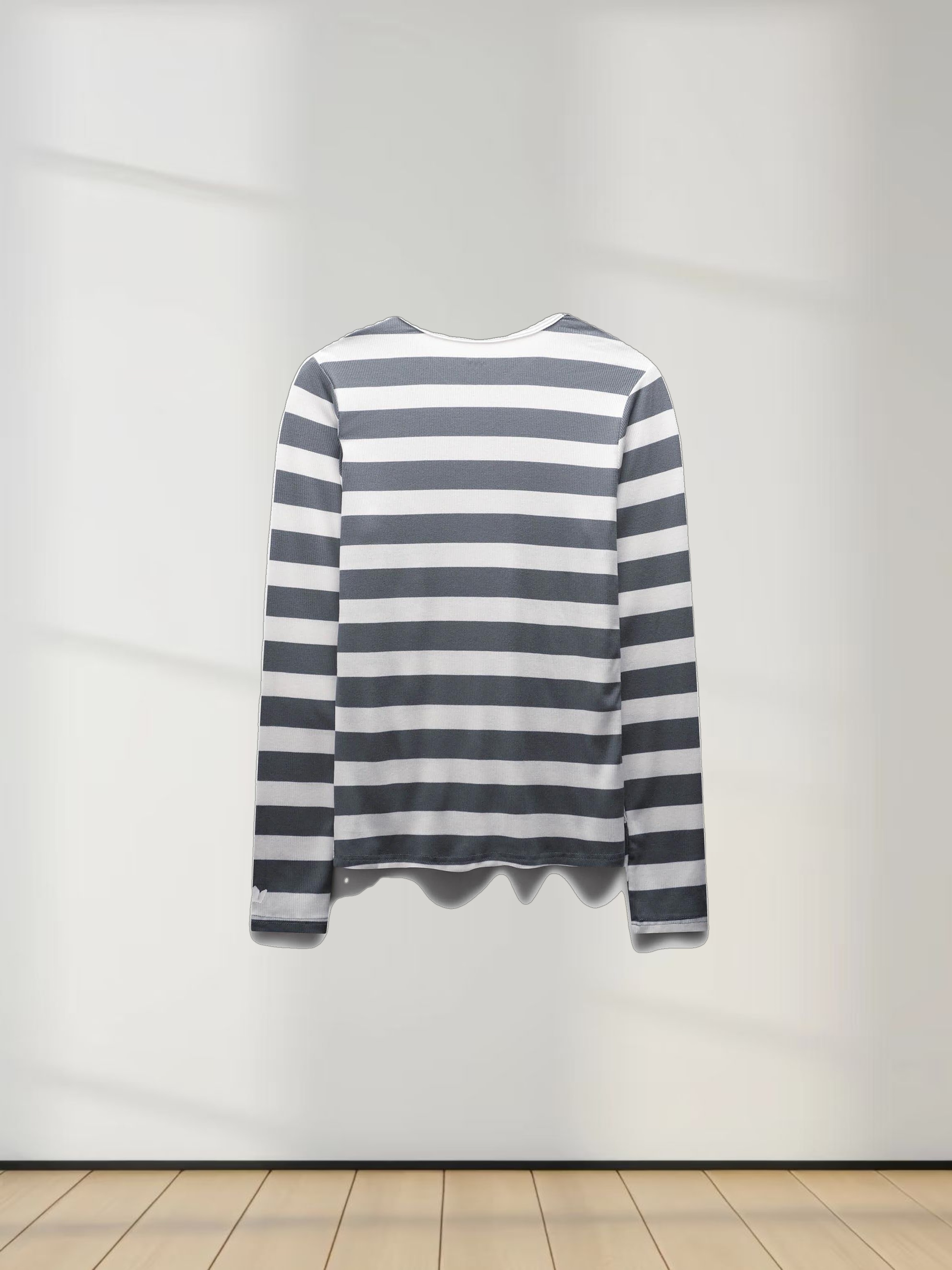 Ribbed Striped High V Tee Long Sleeve-Teal/Ivory