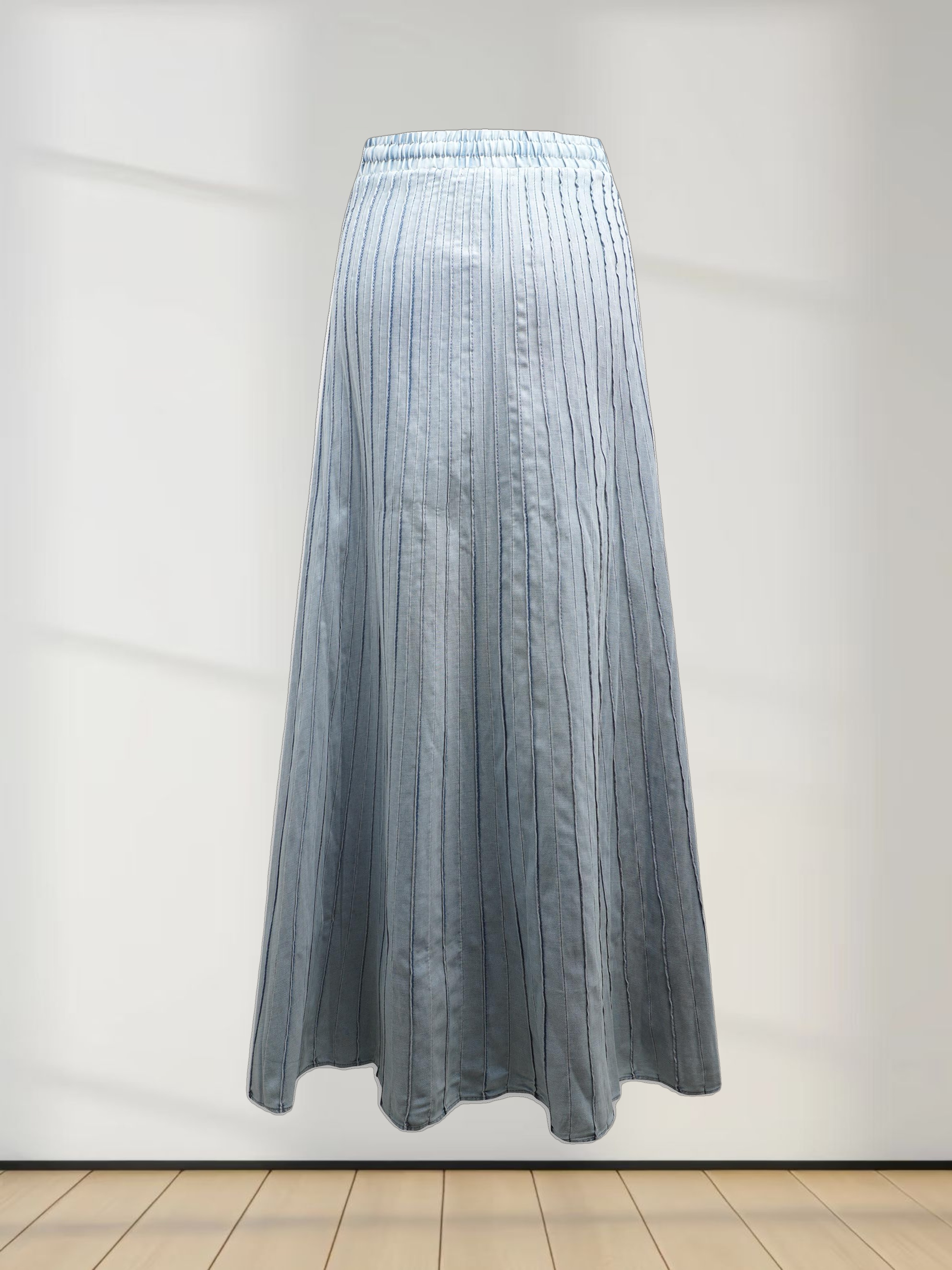 Stitched Micro Pleat Denim Skirt-Light Blue