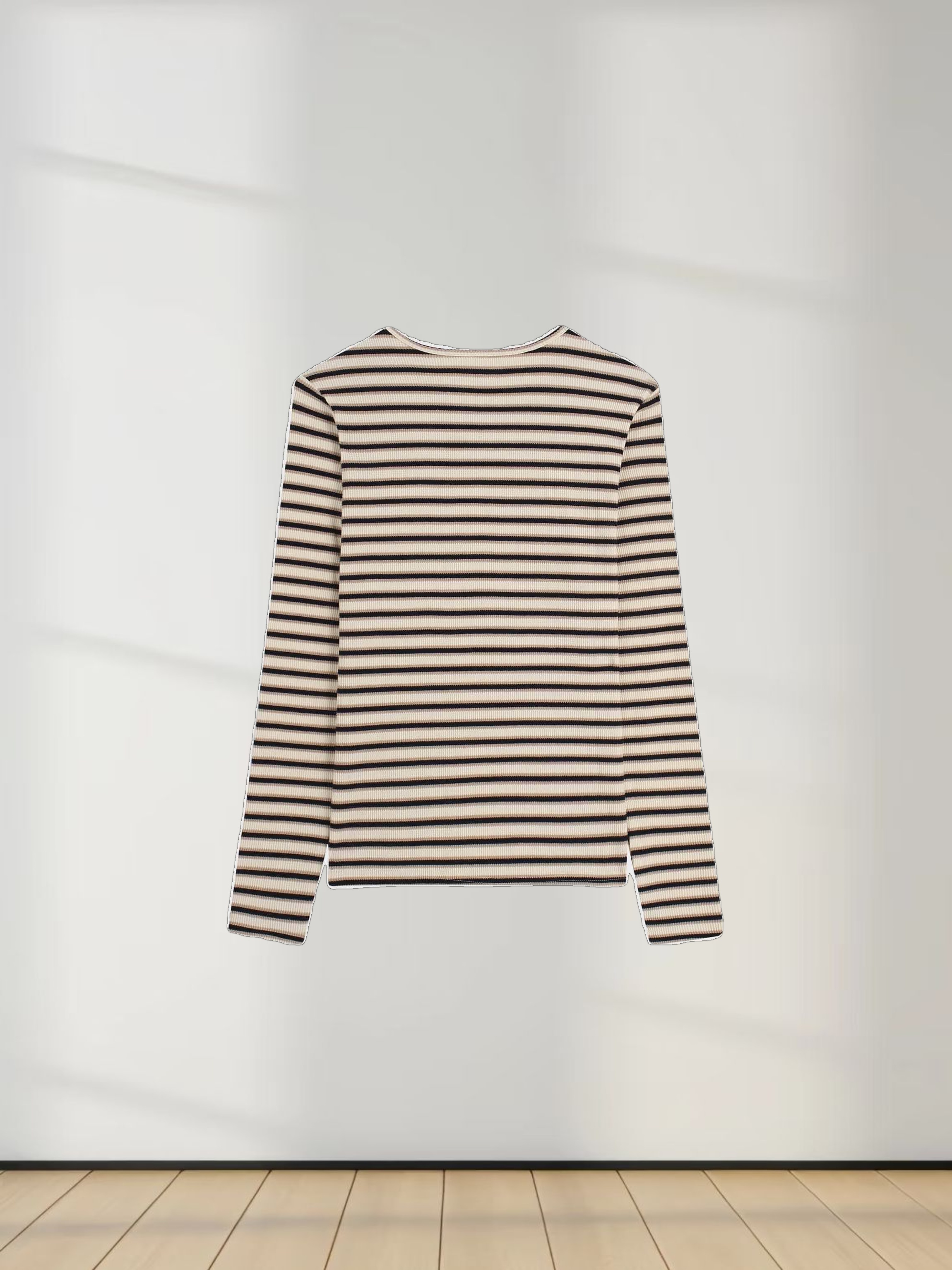 Waffle Striped Crew Tee-Tan/Black/Cream
