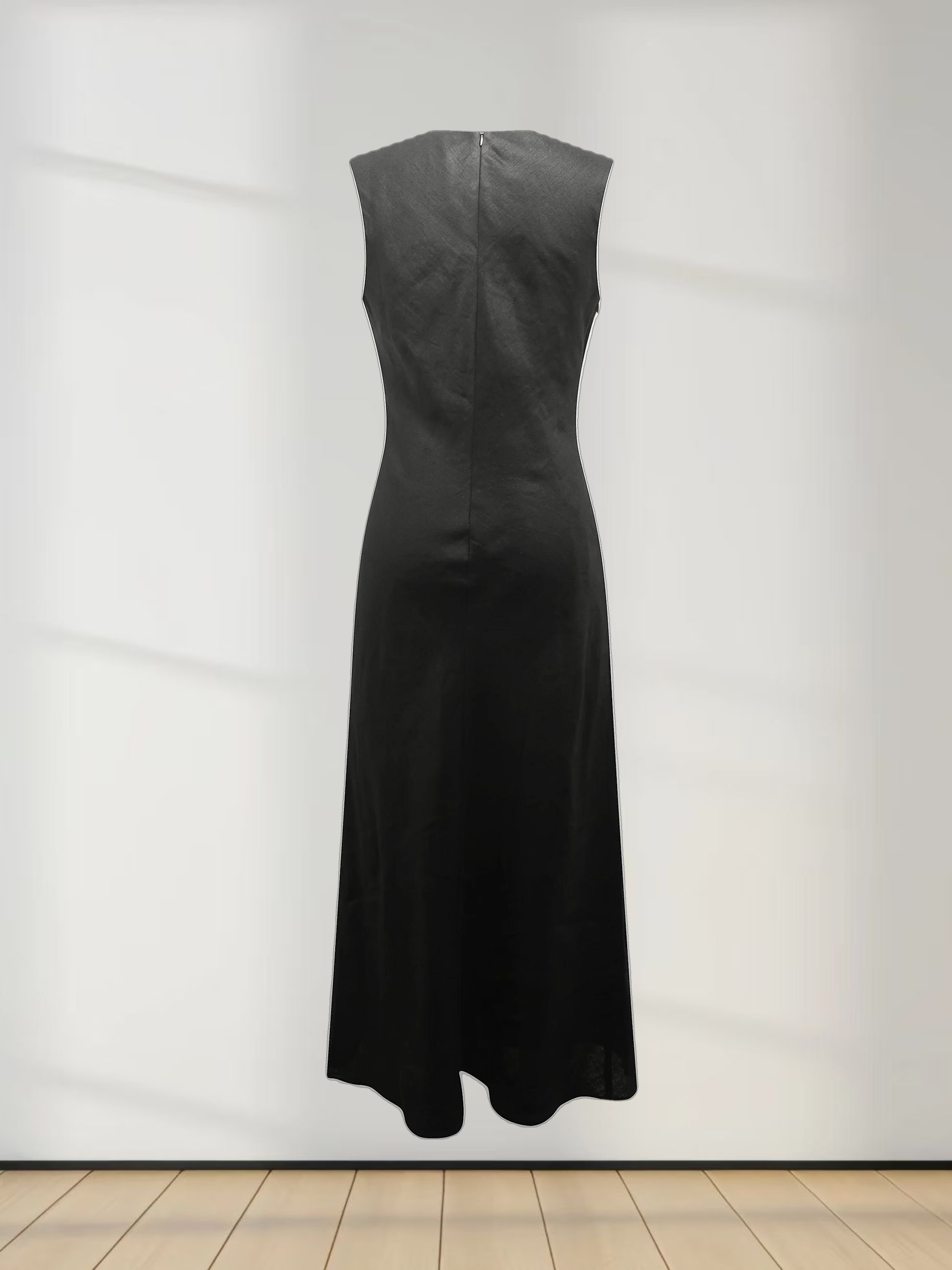 Linen A-Line Slip Dress-Black