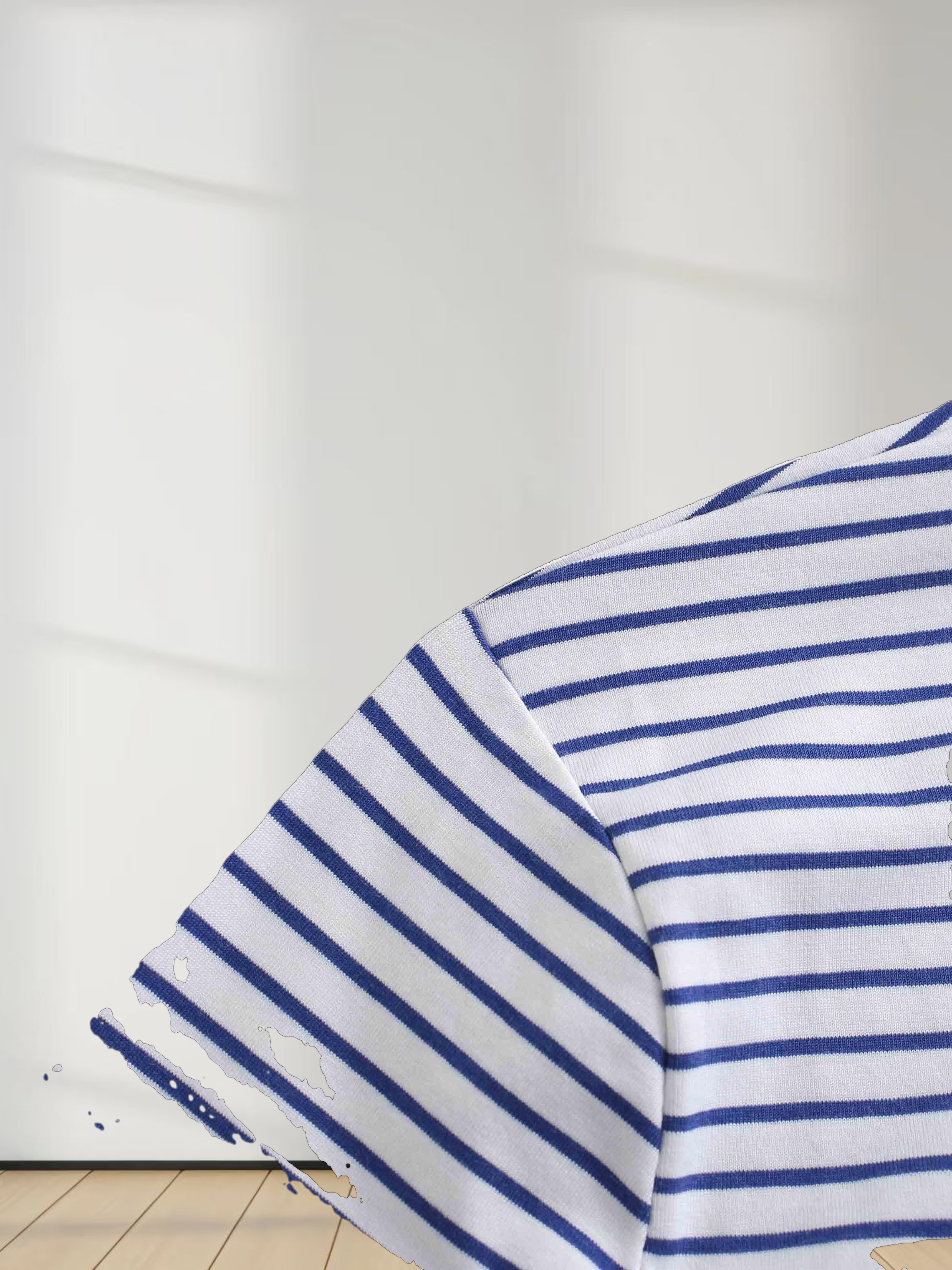 Flat Striped High V Long Sleeve-White/Navy