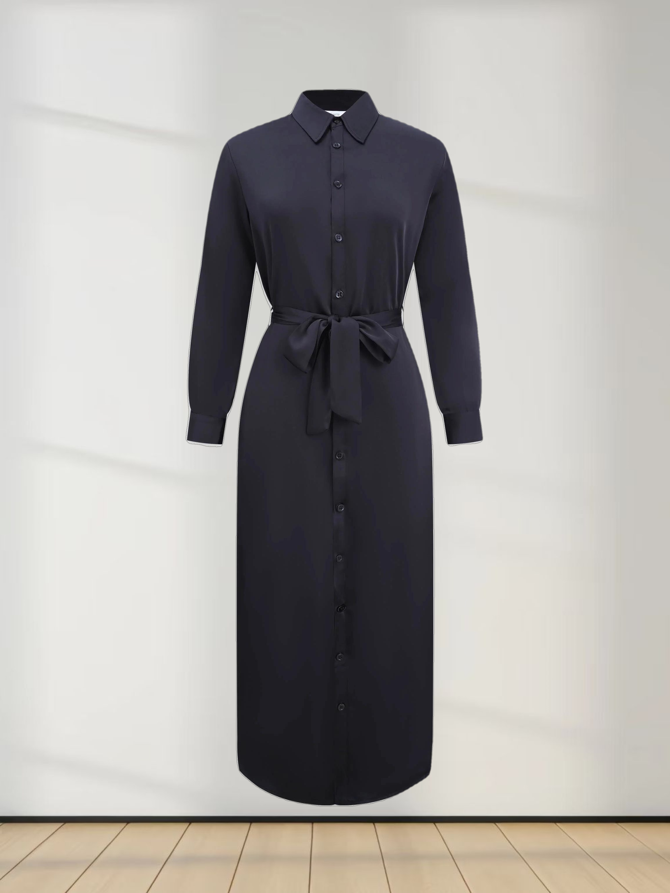 Gathered Back Shirtdress-Black