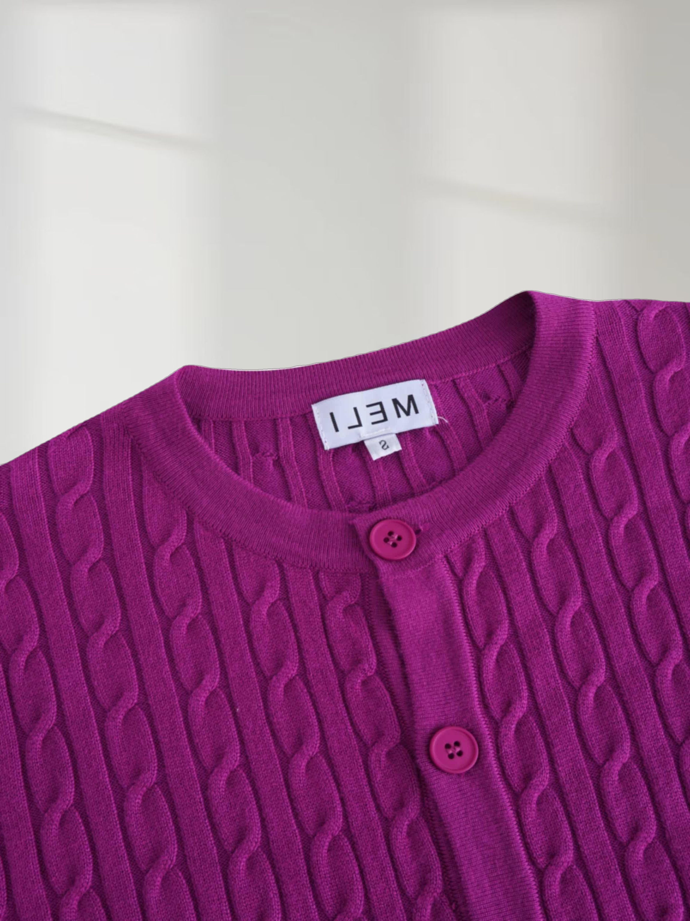 Cable Knit Crew Cardigan-Pink