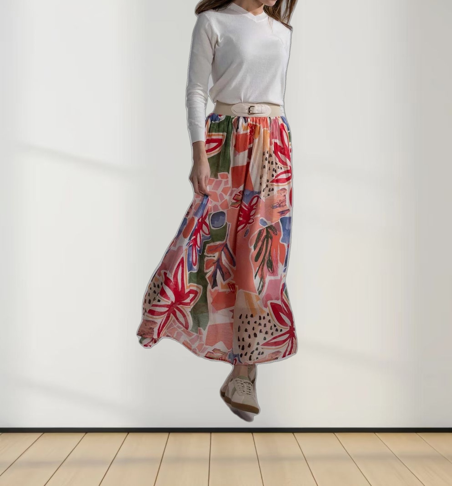 Leather Buckle Skirt-Watercolor Floral