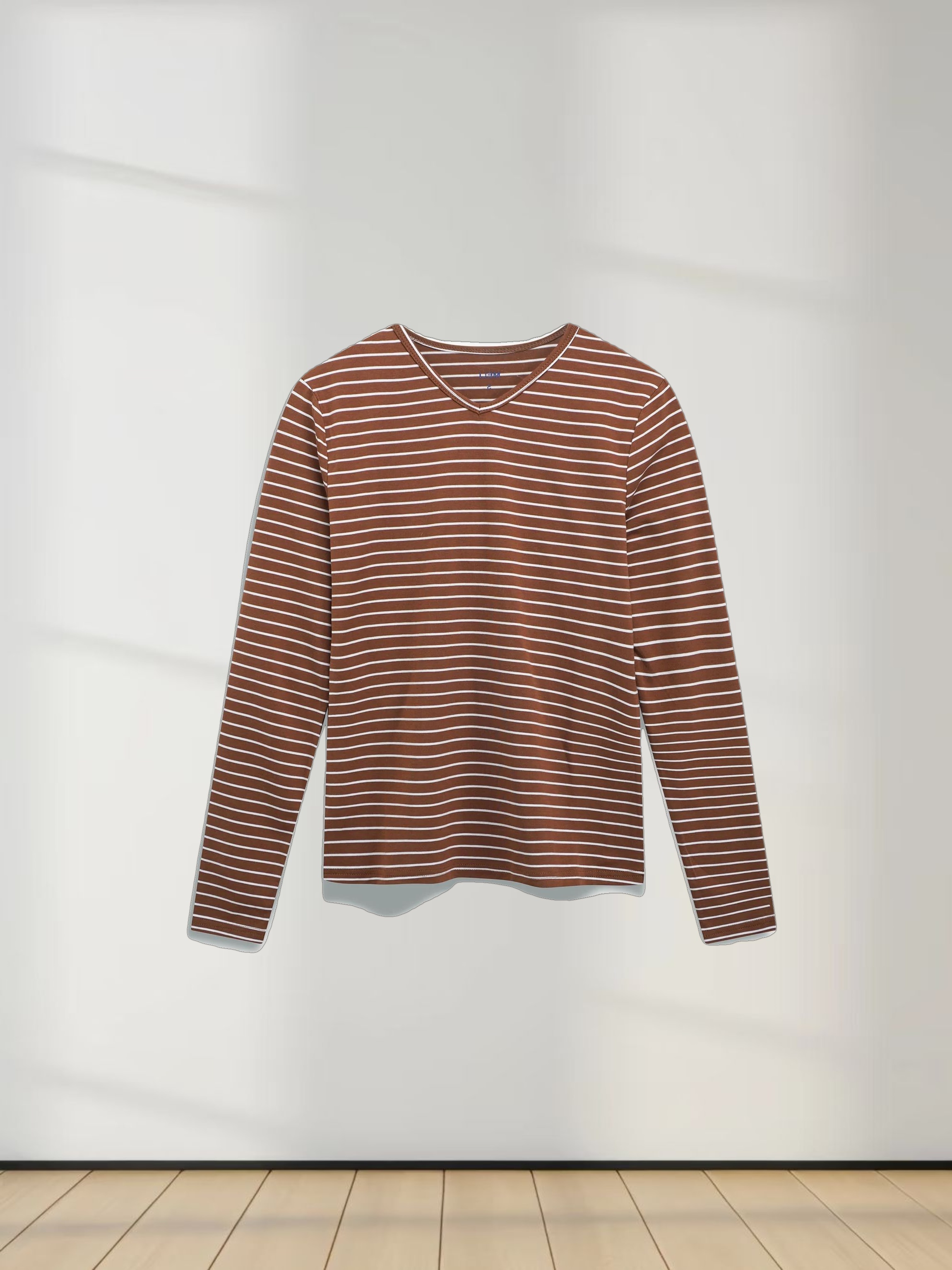 Flat Striped High V Long Sleeve-Brown/White