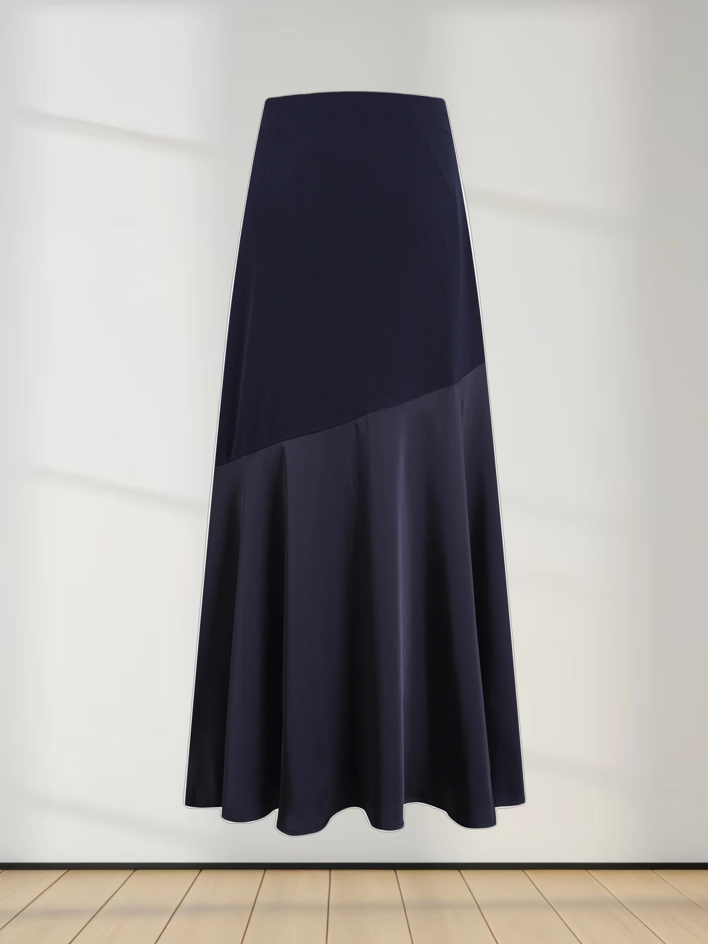 Faux Satin Bottom Flare Skirt-Navy