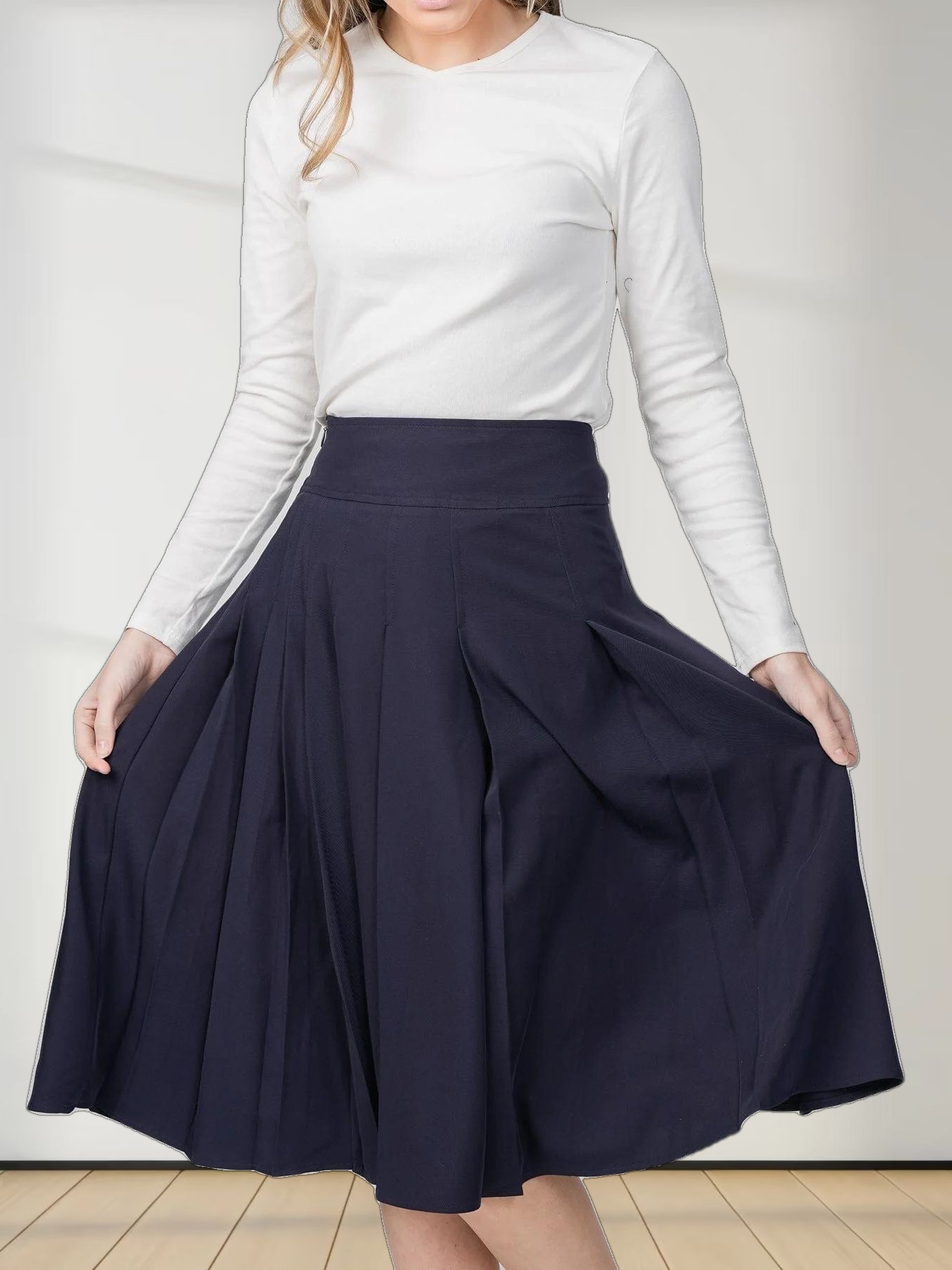 STITCHED DOWN PLEATED SKIRT(SHORT)-NAVY