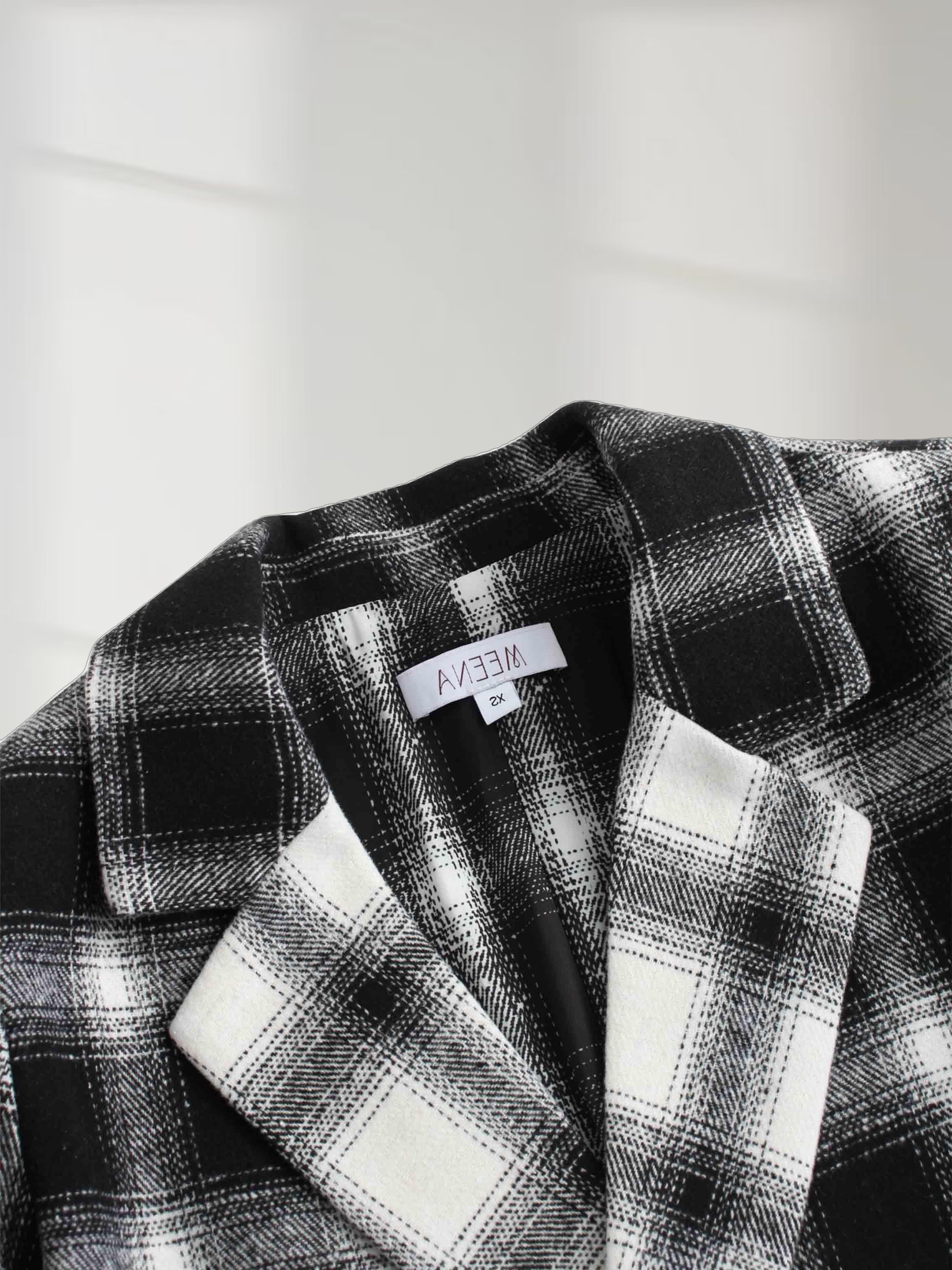 Double Breasted Belted Blazer-Black/White Plaid