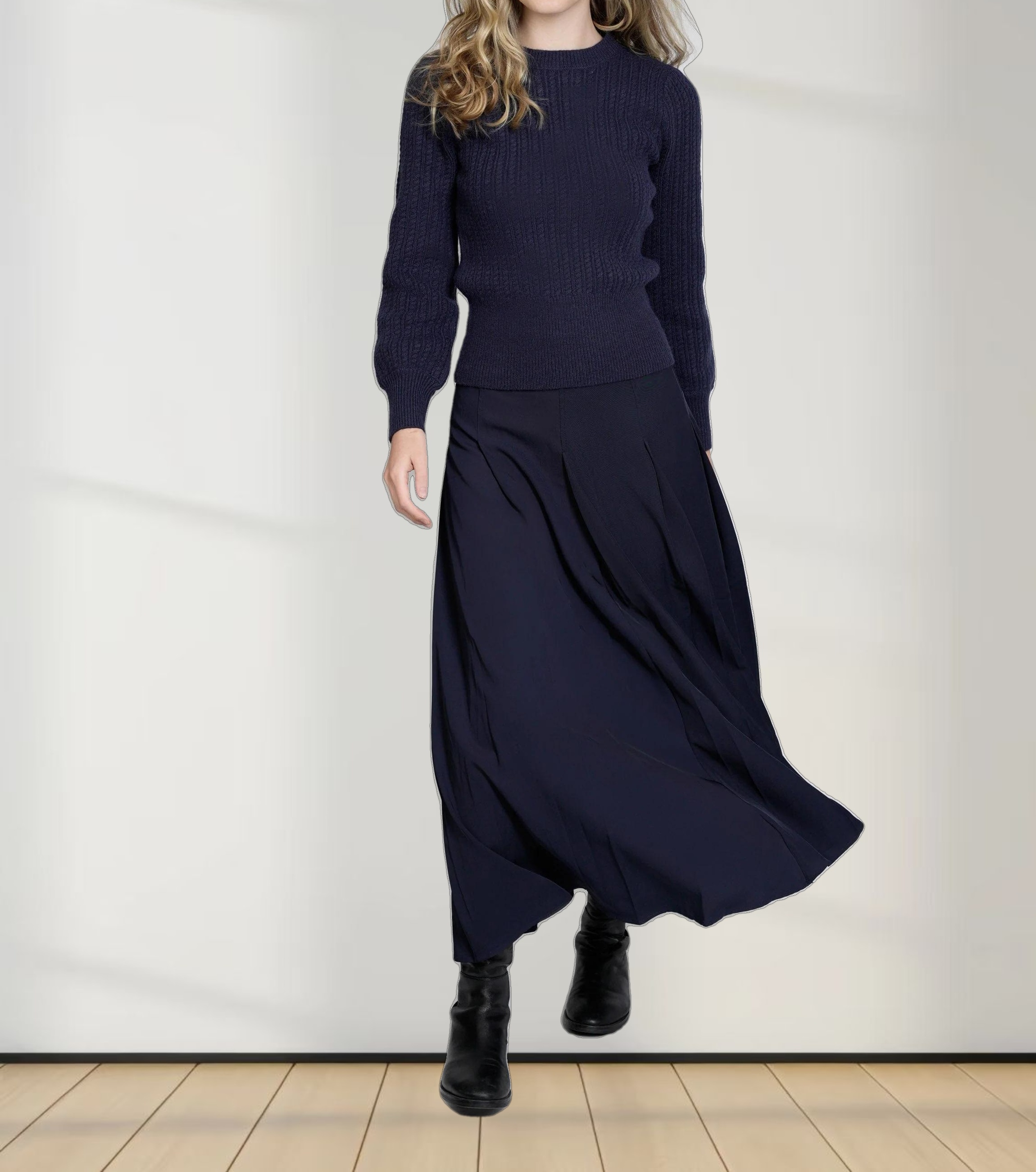 STITCHED DOWN PLEATED SKIRT-(LONG)-NAVY