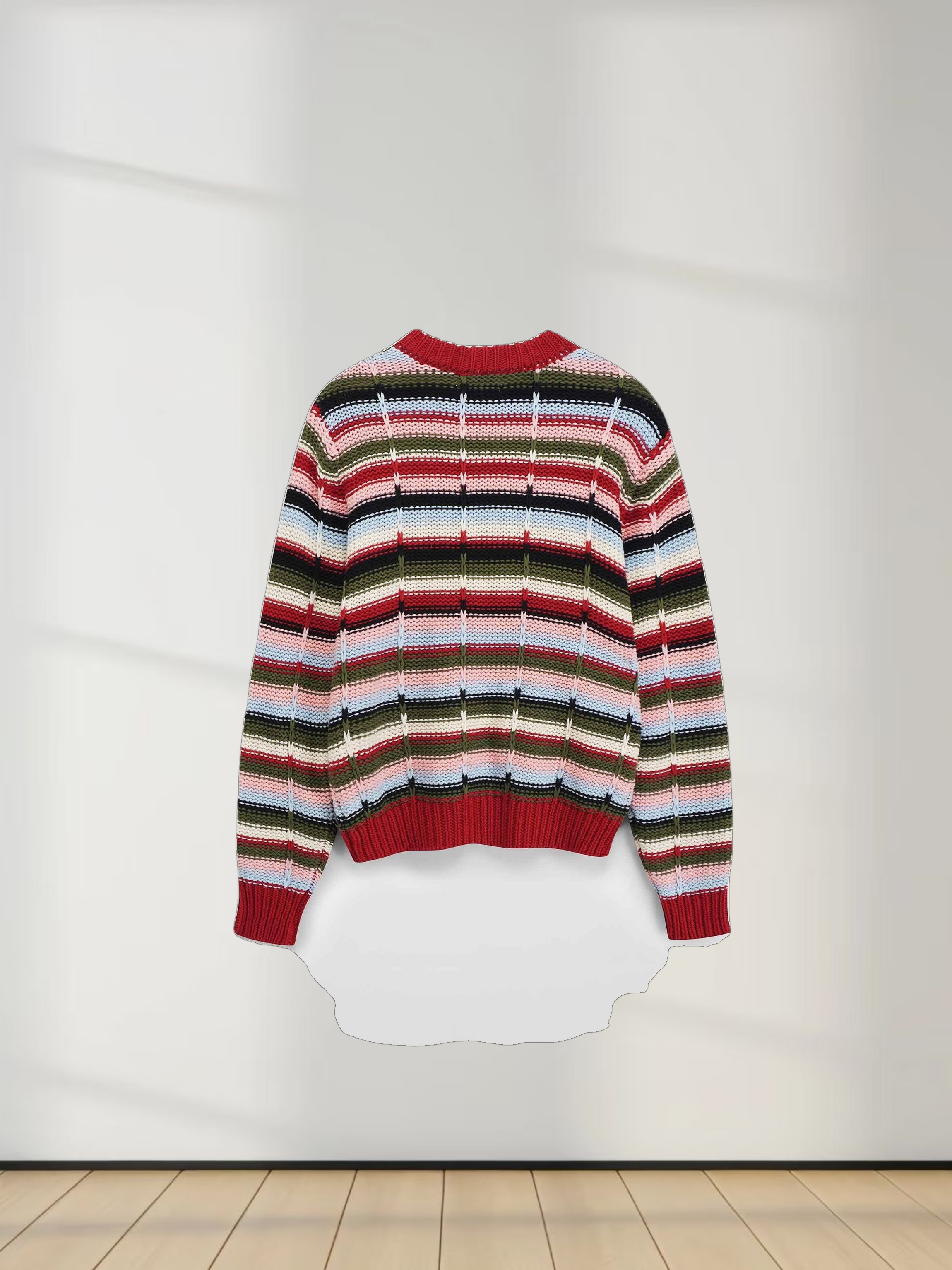 Overstitch Detail Striped Sweater-Burgundy