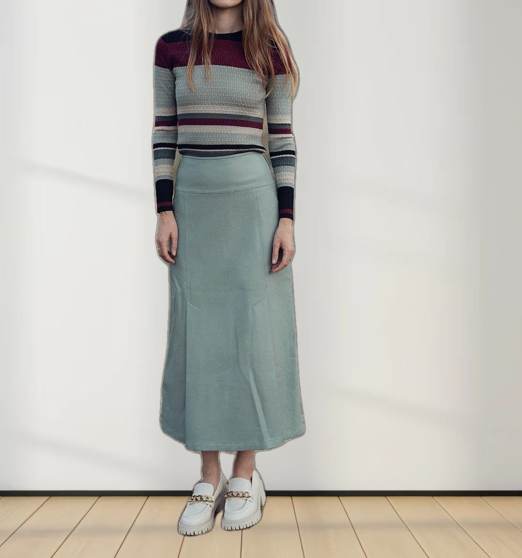 Leather Inverted Pleat Skirt-Seafoam