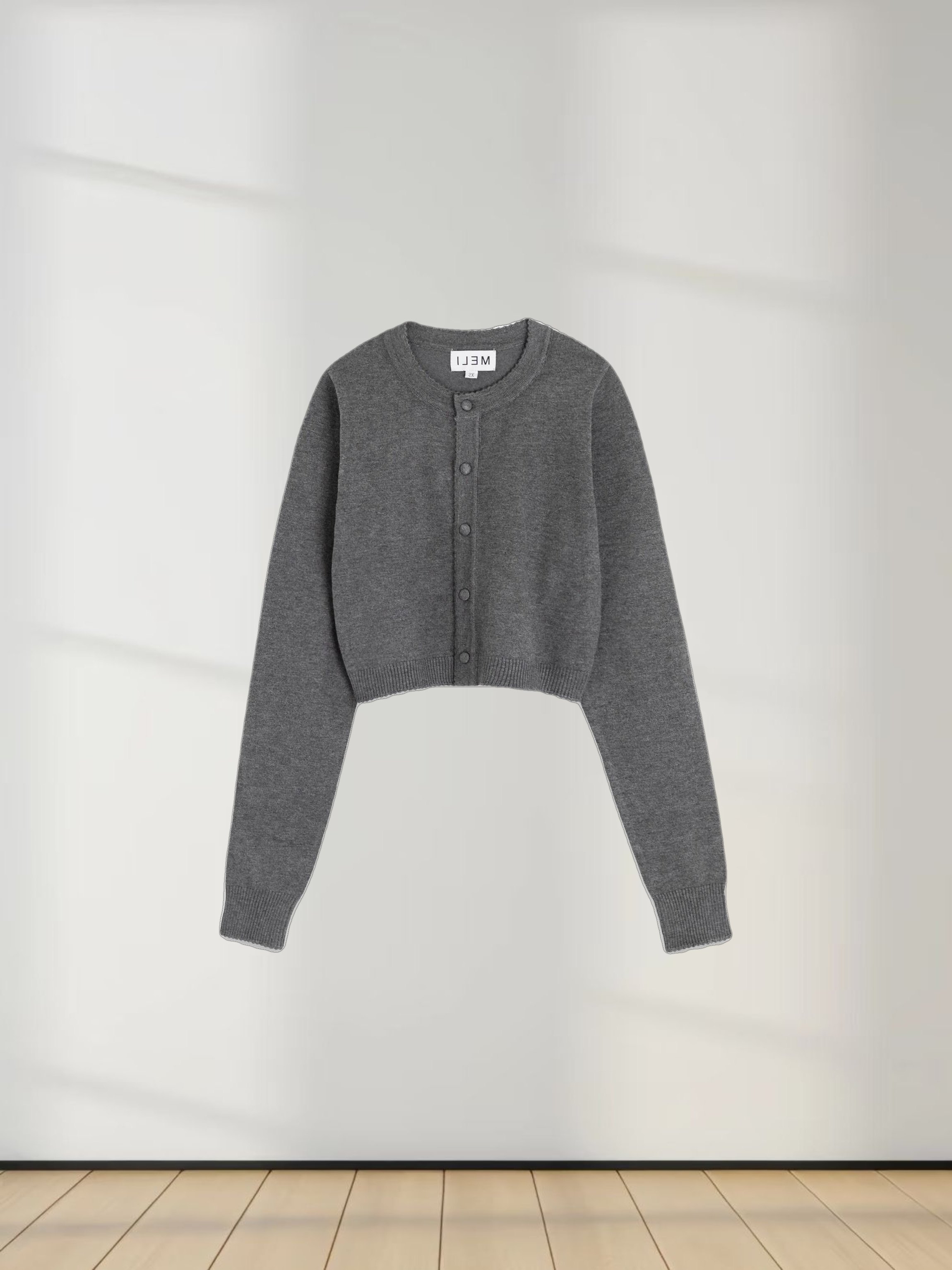 Trim Detail Crew Crop Cardigan-Heathered Grey